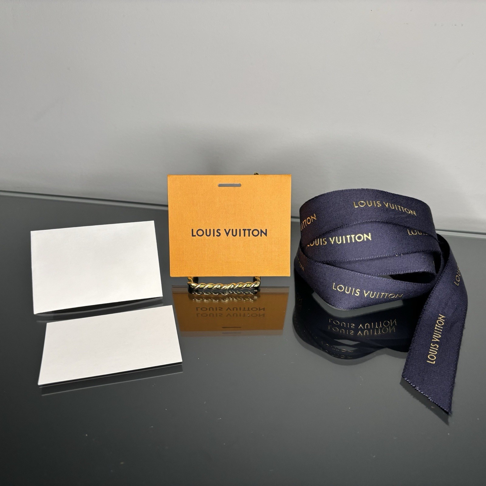 Louis Vuitton Orange Gift Tag Mini Note Card & Envelope. 1 Blue Ribbon 52″ Long.