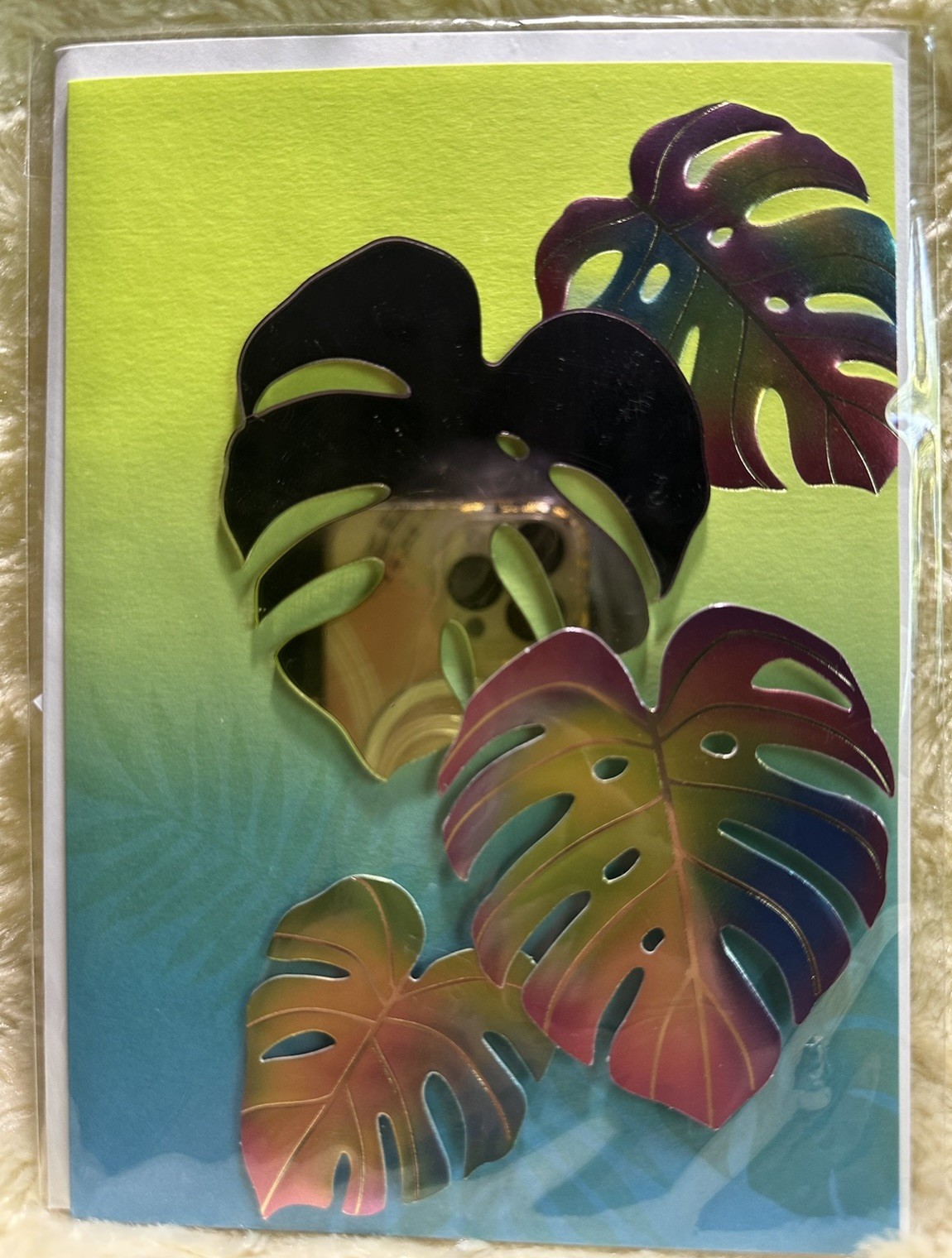 Papyrus BLANK Card All Occasion Philodendron Leaves Iridescent Acrylic Mirrored