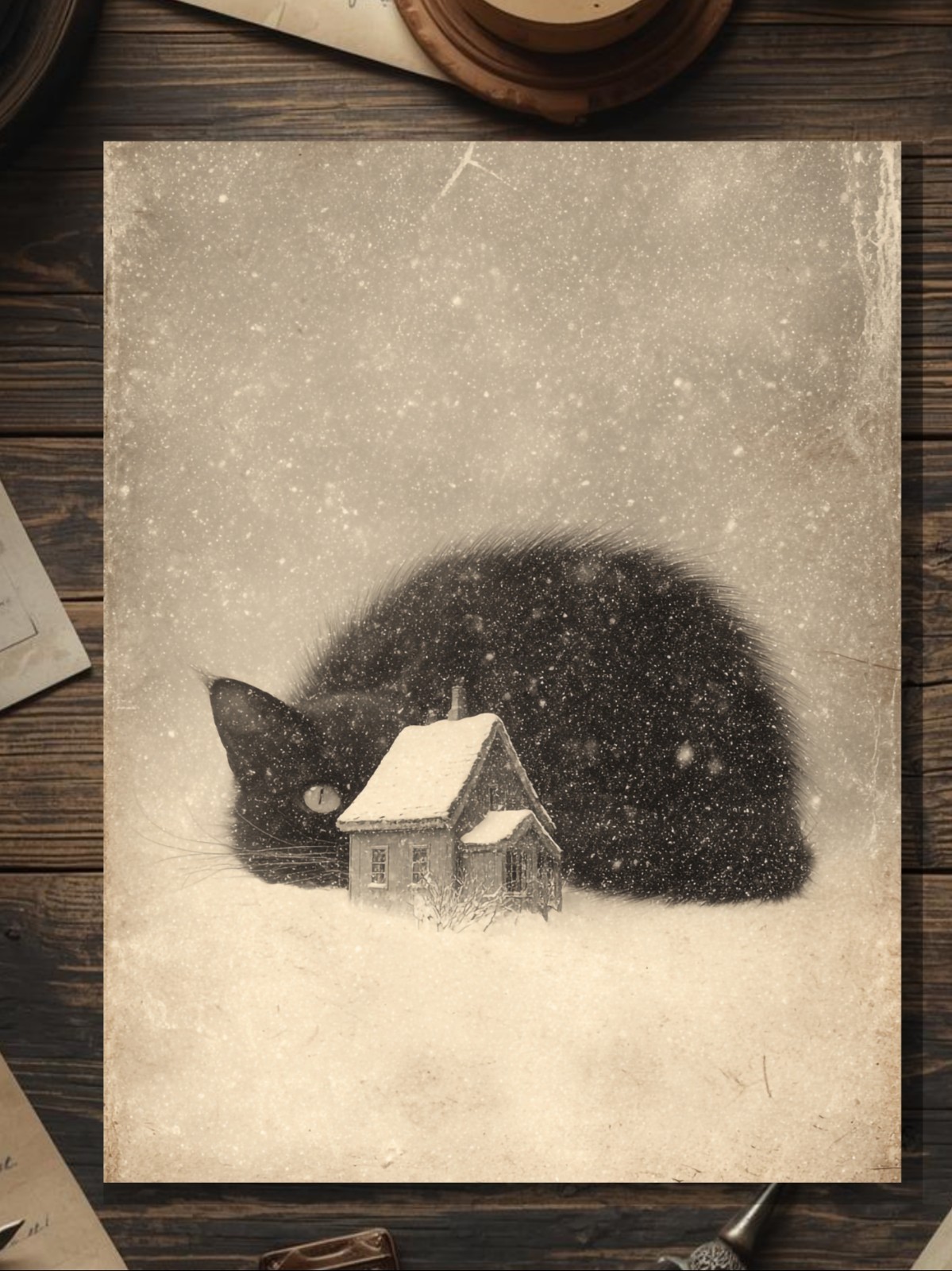 Vintage Victorian Icelandic Yule Black Cat Snowy Winter Folk Legend Card