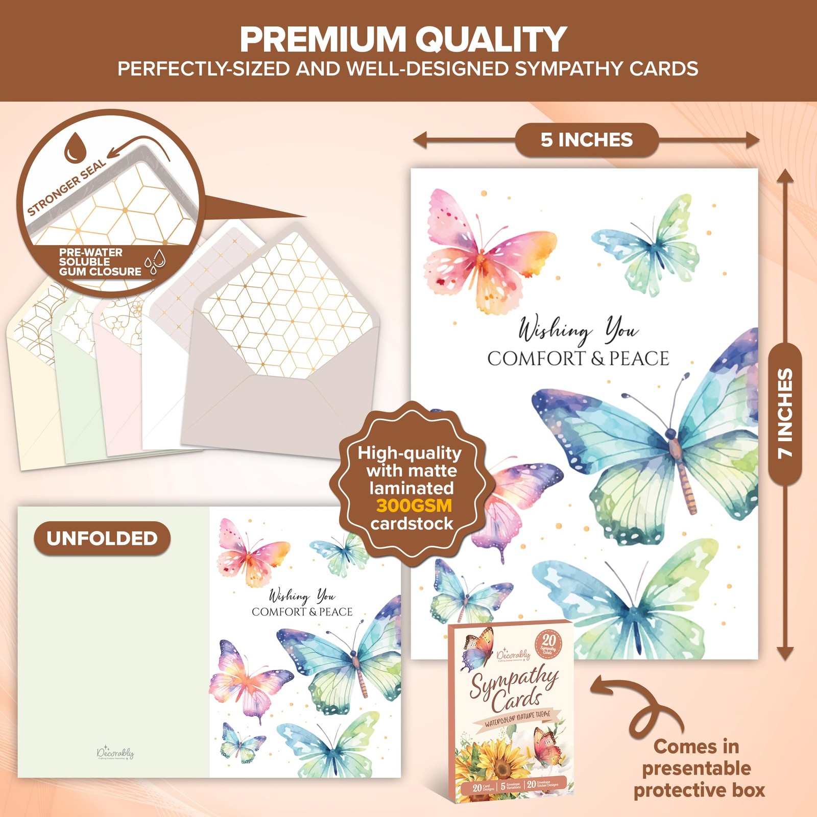 20 Pack Foiled and Glittery 5x7in Textured Boxed Sympathy Cards with Envelope…