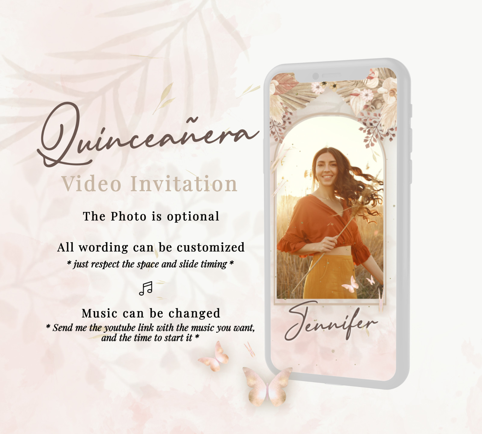 Quinceañera Sweet 16 Video invitation, Boho neutral colors, Butterflies