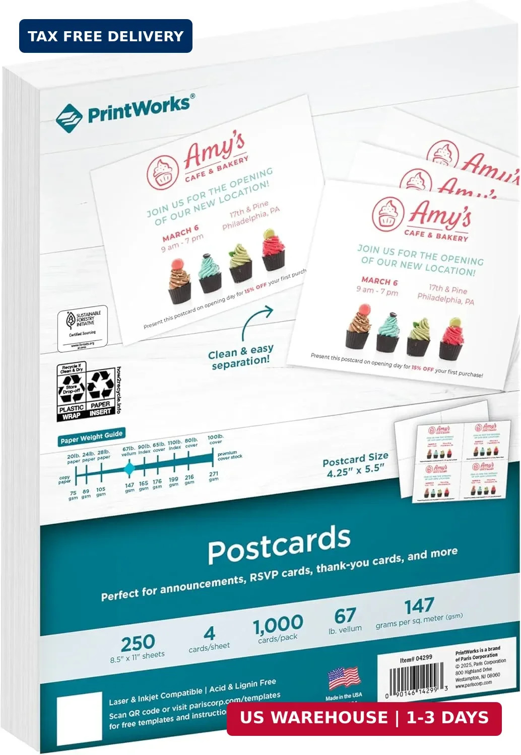 PrintWorks Blank Printable Postcards for Mailing & Printing – 1000 Cards (4.25″