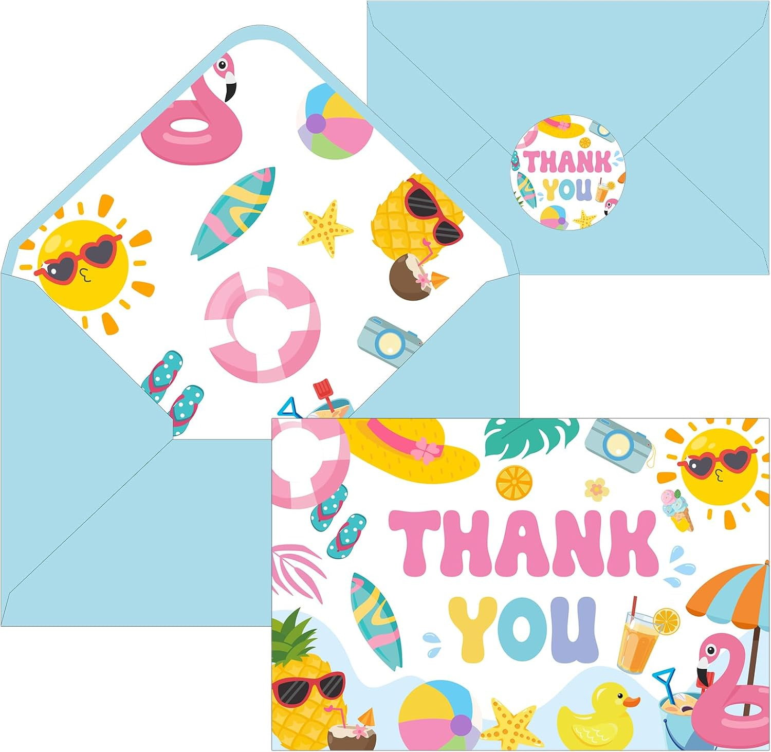 24 Pack Pool Party Thank You Cards with Envelopes Stickers, 4 X 6 Inch Summer Be