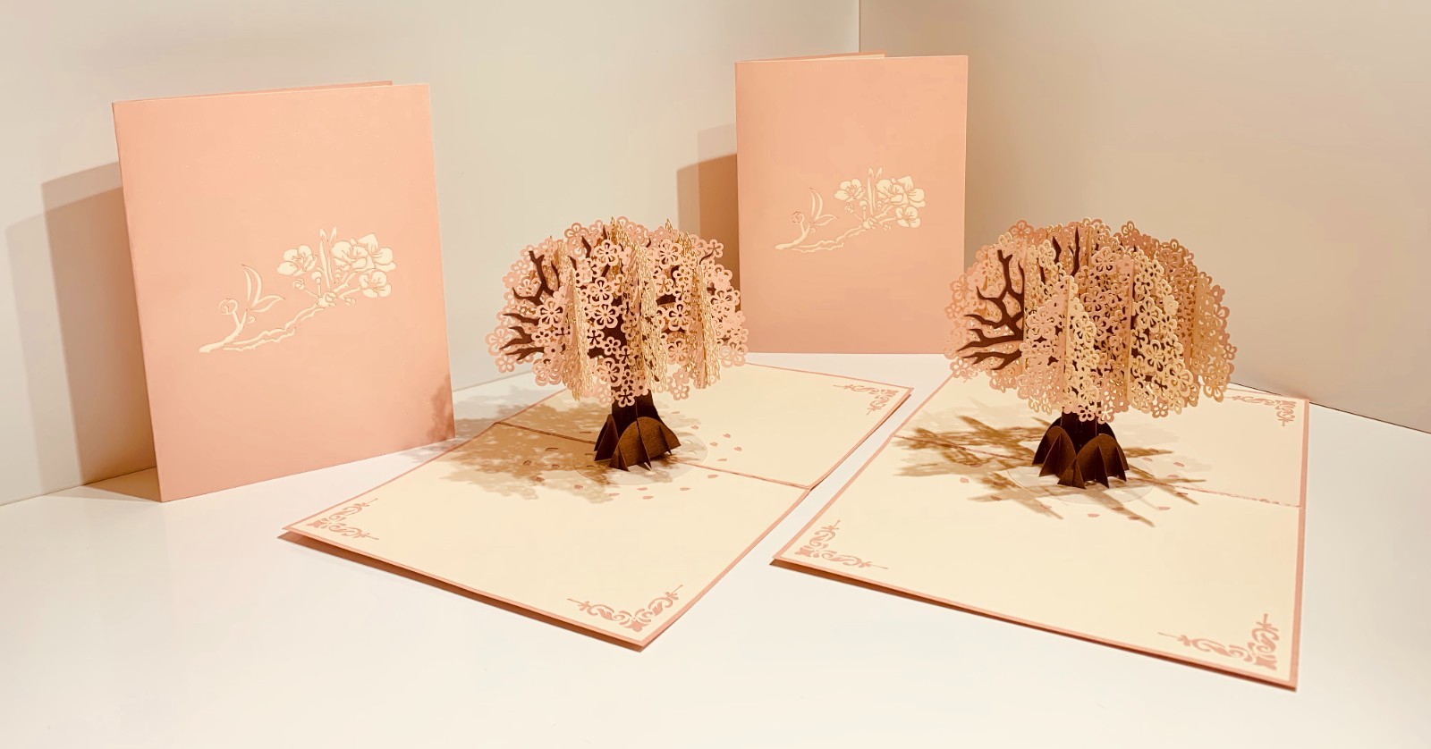 Origami Pop Cards Metallic Pink & White Cherry Blossom Tree Happy Birthday 3D