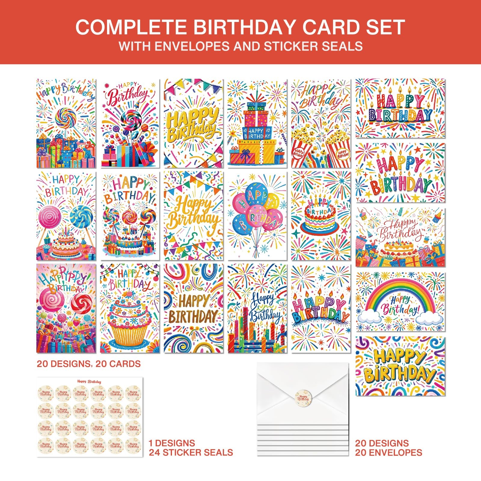 XISHIUYIS 20pcs Birthday Blank Cards, Envelopes, and Stickers | 4×6 Inch, red