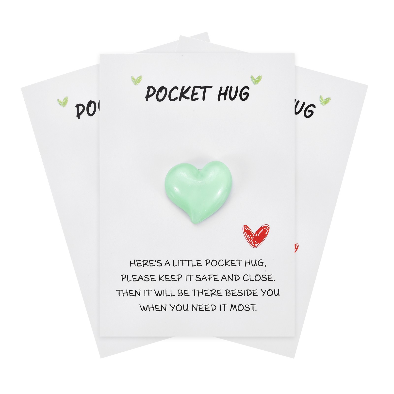 Pocket Hug Heart with Greeting Cards, 3 Pcs, (Green, 18mm)