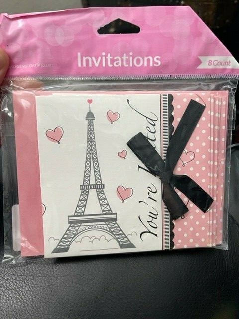Eiffel Tower 8 Invitation Cards wIth envelopes and black ribbon Love Paris NEW!