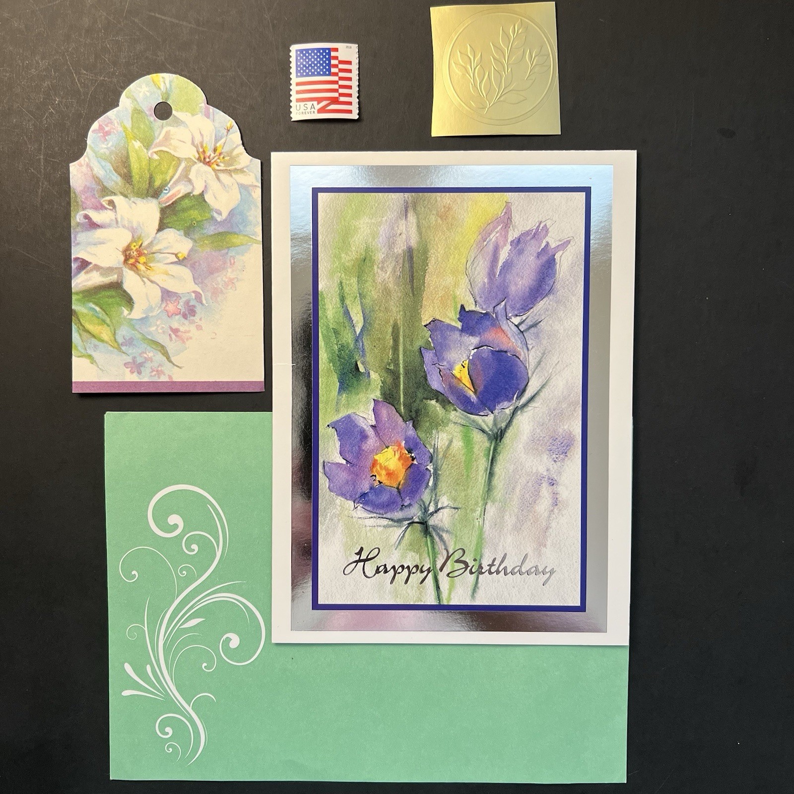 Watercolor Purple Floral & Silver Foil BIRTHDAY Card+Env/Gift Tag/Seal/Stamp BN