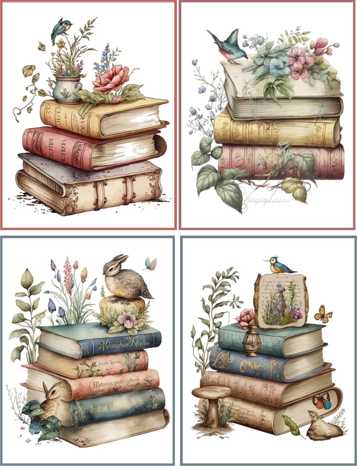 Vintage Victorian Old Books 8 glossy blank note card ivory envelope organza bag