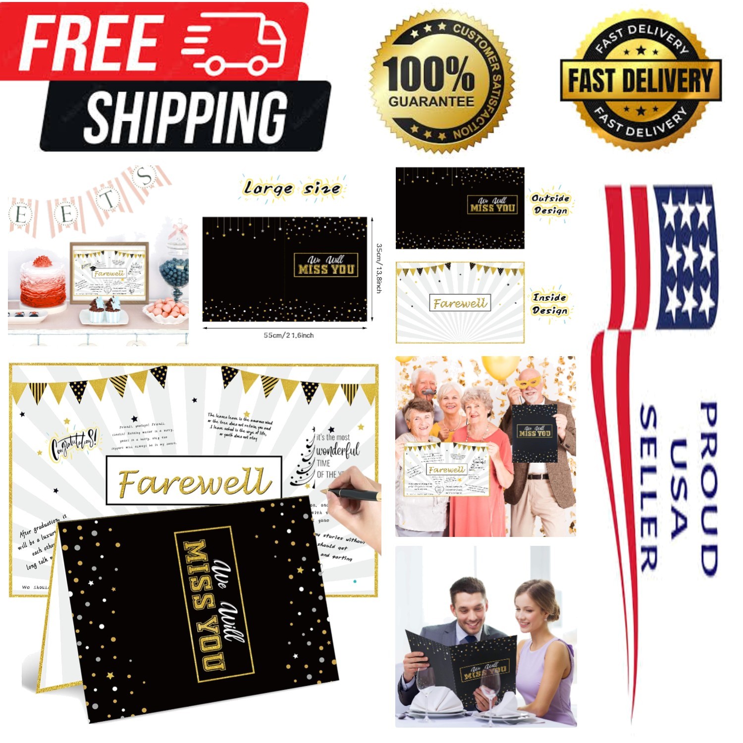 Memorable Black and Gold Farewell Card 13.8” for Retirement & Graduation Parties
