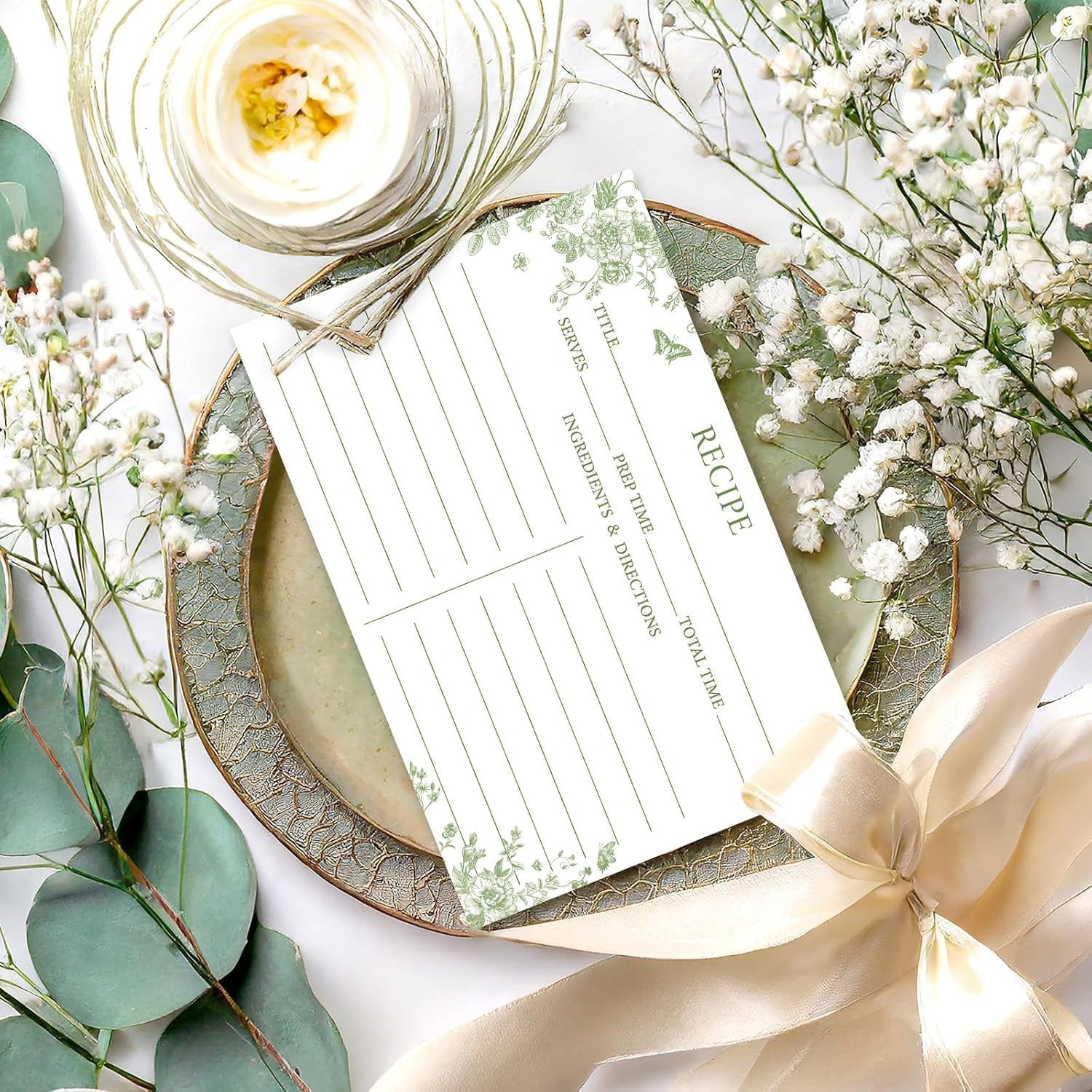 50Pcs Sage Green Floral Recipe Cards Double-Sided Green Flower Butterfly Blank R