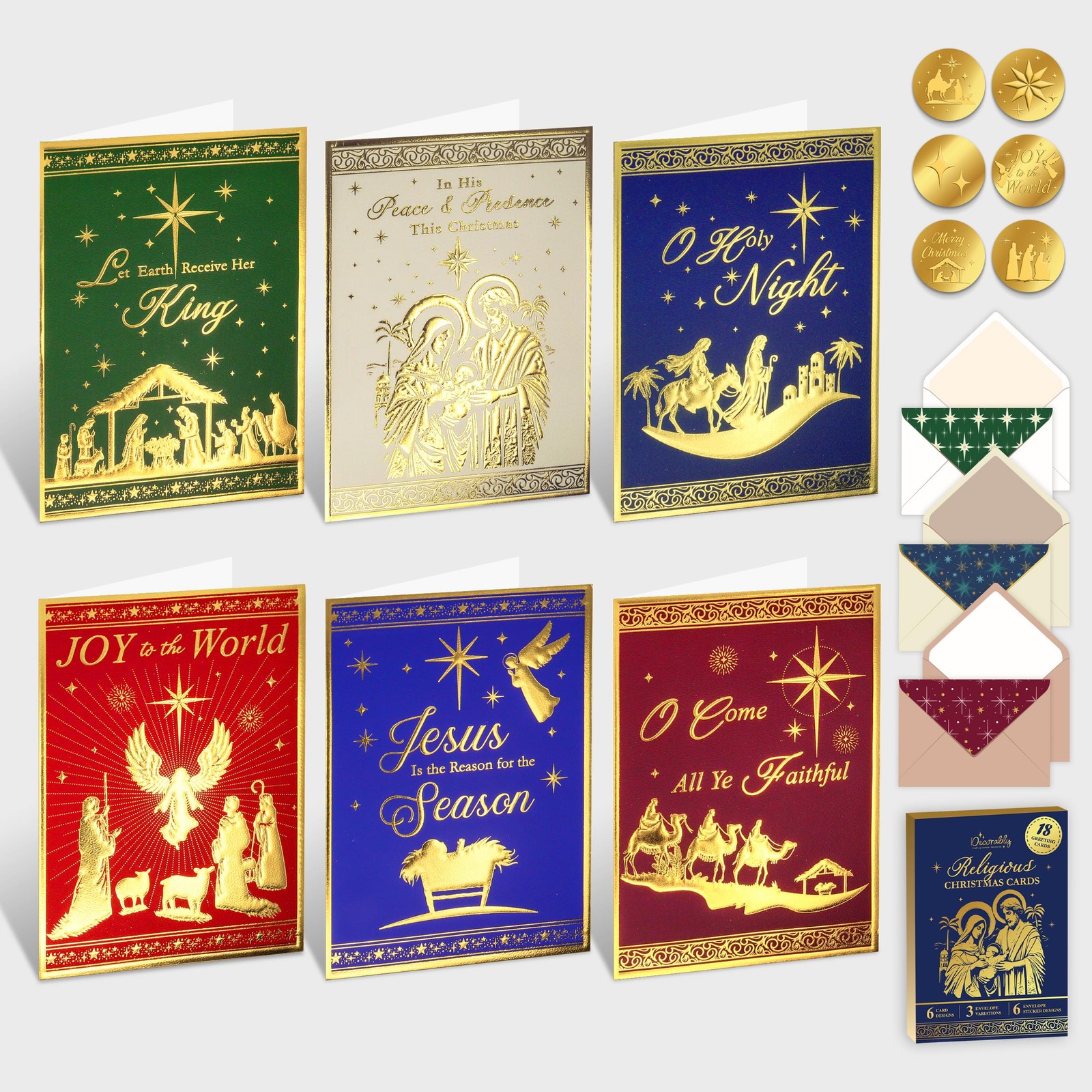 Decorably 18 Pack Gold Foil Embossed 5x7in Religious Christmas Cards with Envelo