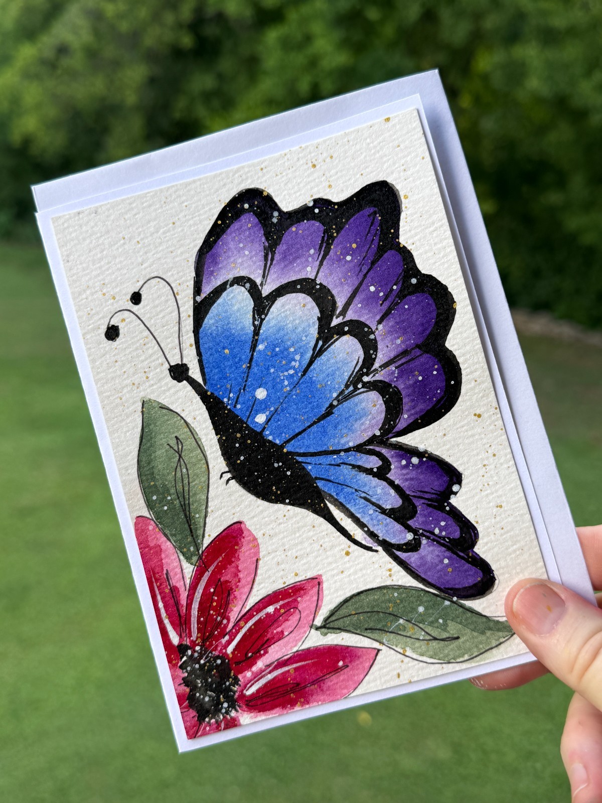Card #102 Hand Painted Watercolor Butterfly Flowers Greeting Card, 4×6 inches.