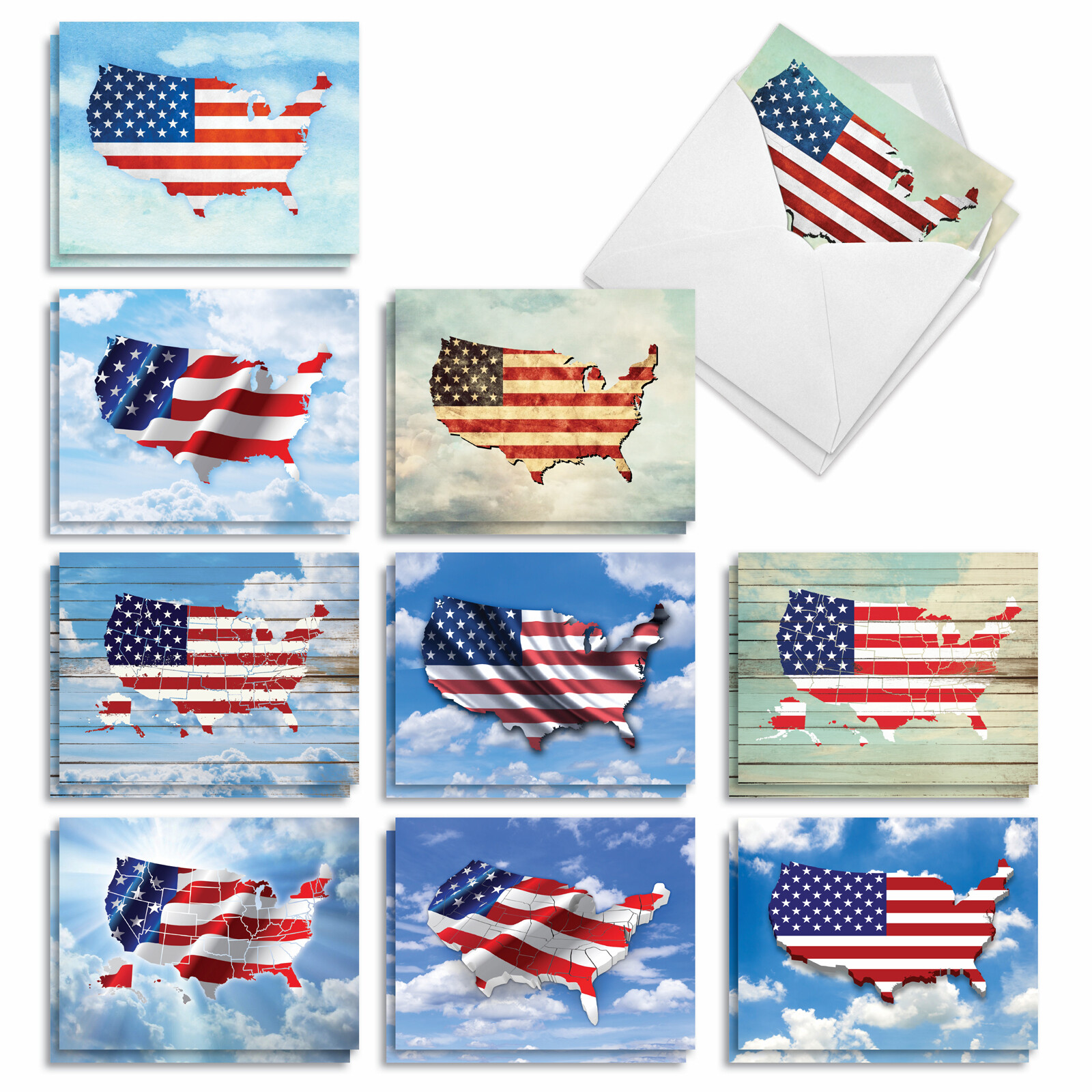 20 Blank Cards 4×5.12″ w/ Envelopes (10 Designs,2 Each) Flag Maps