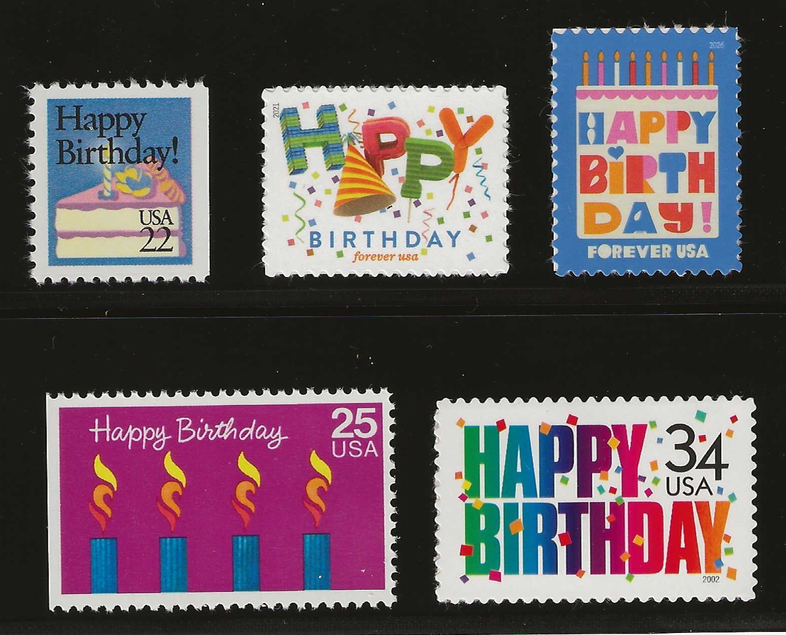 HAPPY BIRTHDAY – SET OF 5 DIFF. U.S. POSTAGE STAMPS – MINT CONDITION