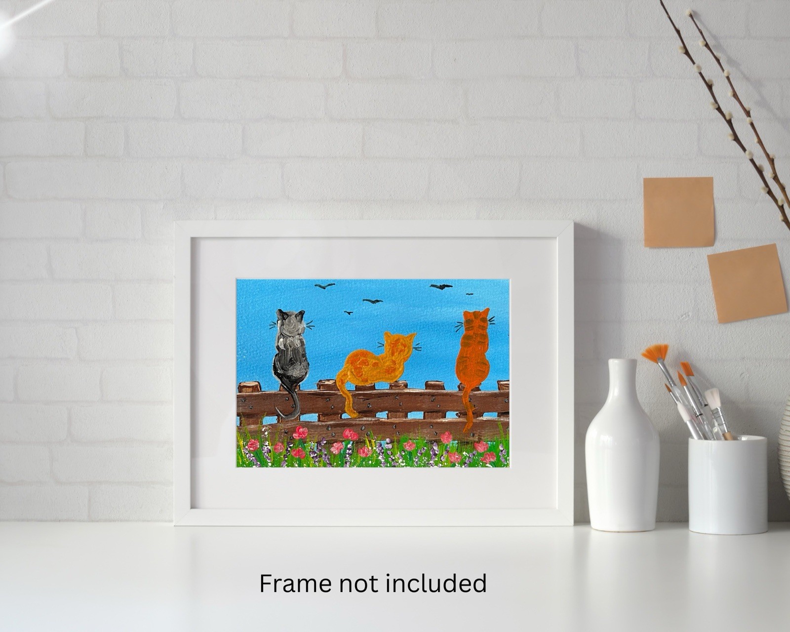 Framable Hand Painted Blank Greeting Card 5×7” w/Envelope Sitting Cats On Fence