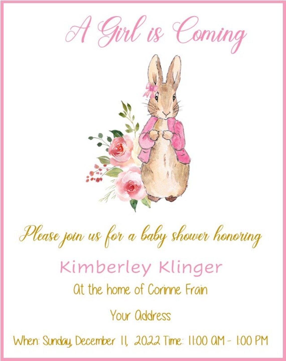 8 PINK GIRL SHOWER INVITATIONS PERSONALIZED GLOSSY LAMINATED W/ IVORY ENVELOPES