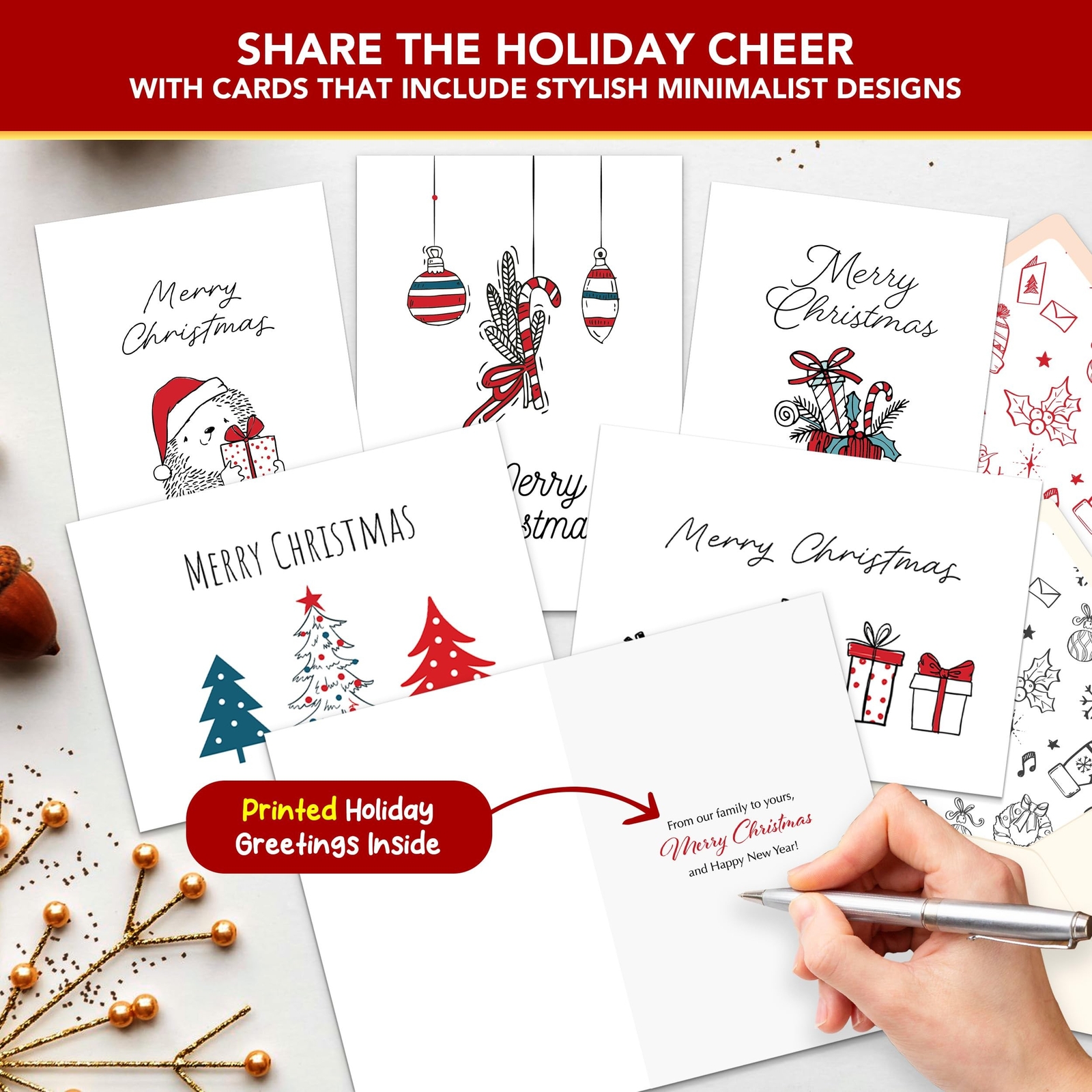 Decorably 16 Pack Minimalist Assorted Christmas Cards With Envelopes and Stic…