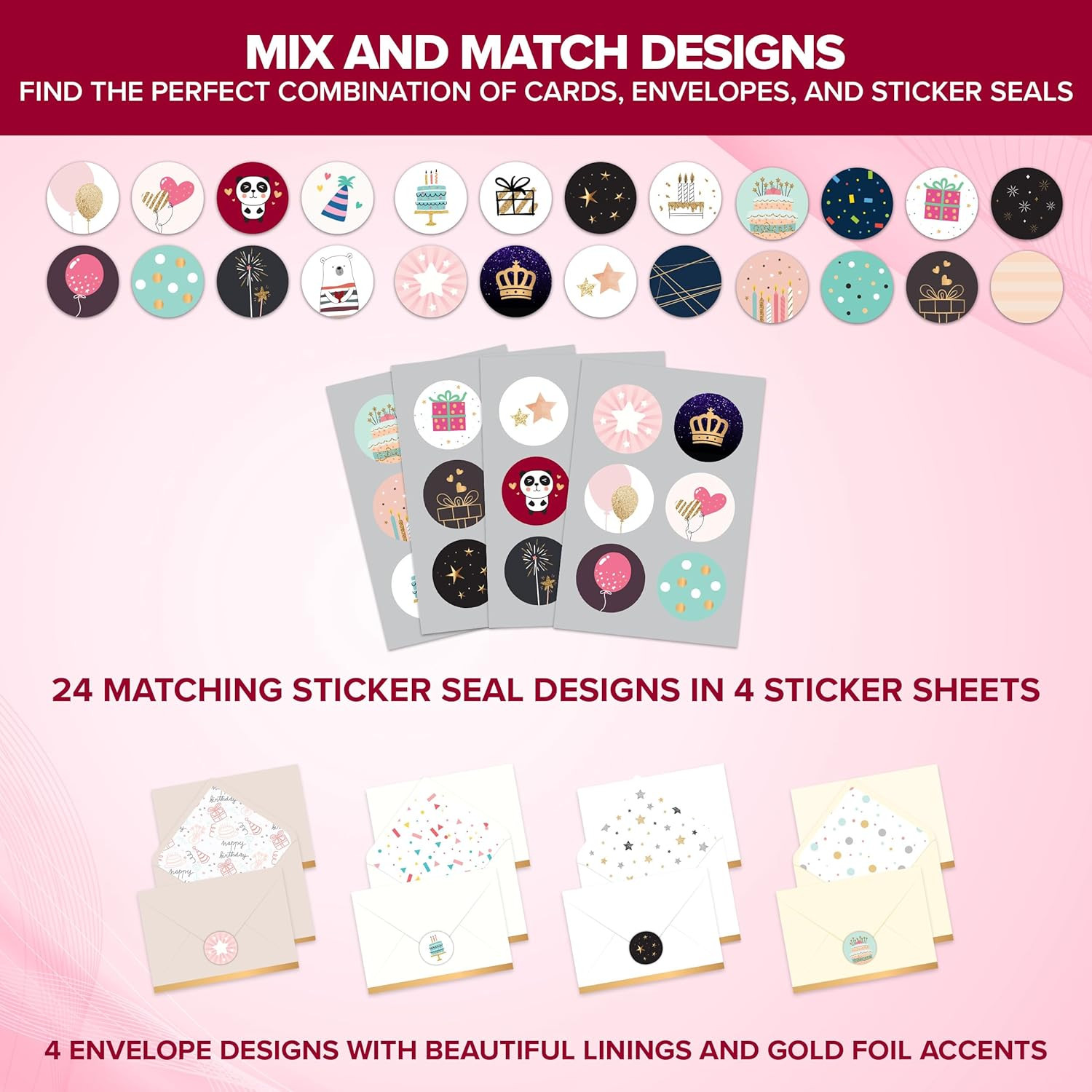 24 Pack Foil and Glittery 6x4in Assorted Birthday Cards with Envelopes and Stick