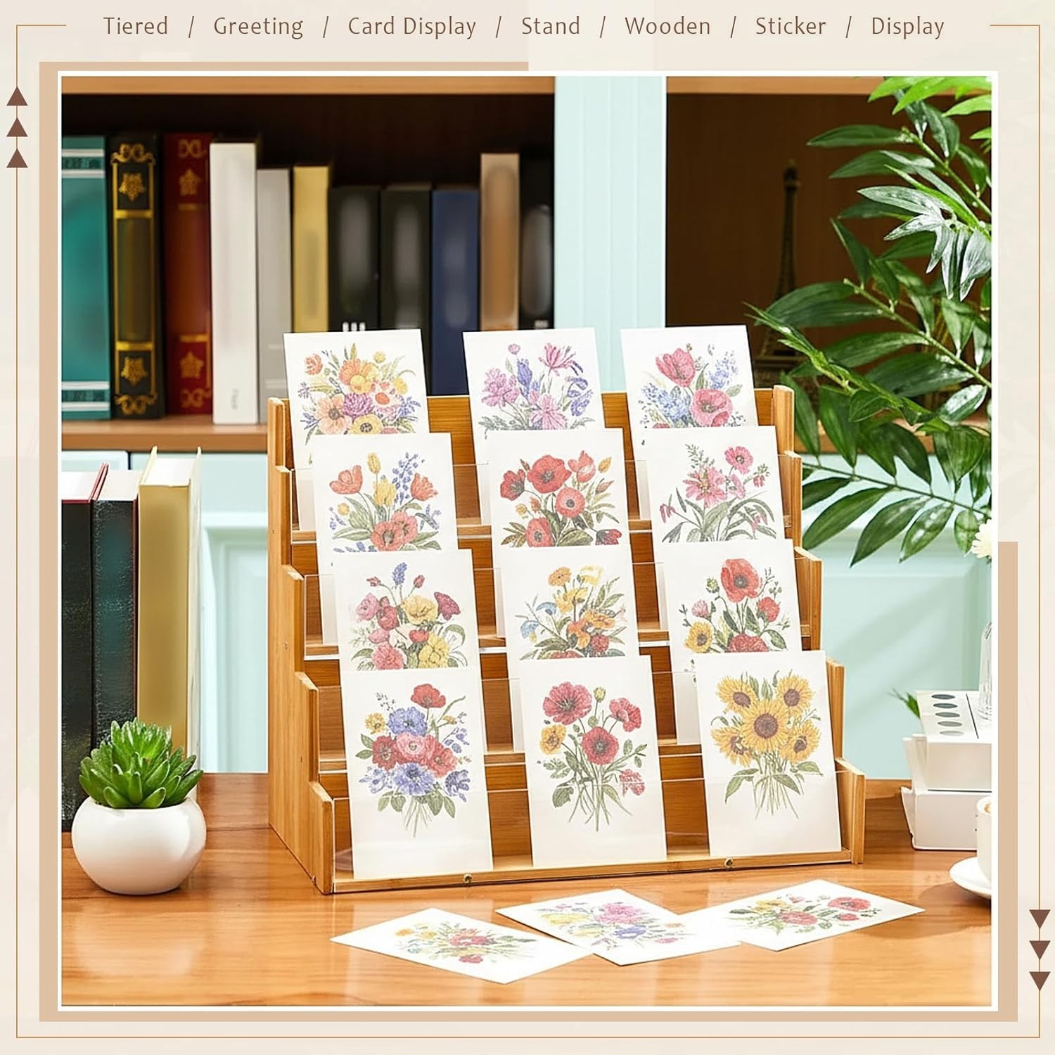Wood & Acrylic 4 Tier Greeting Card Display Stand 14.96 x 12.2 x 8.27 in Bamboo