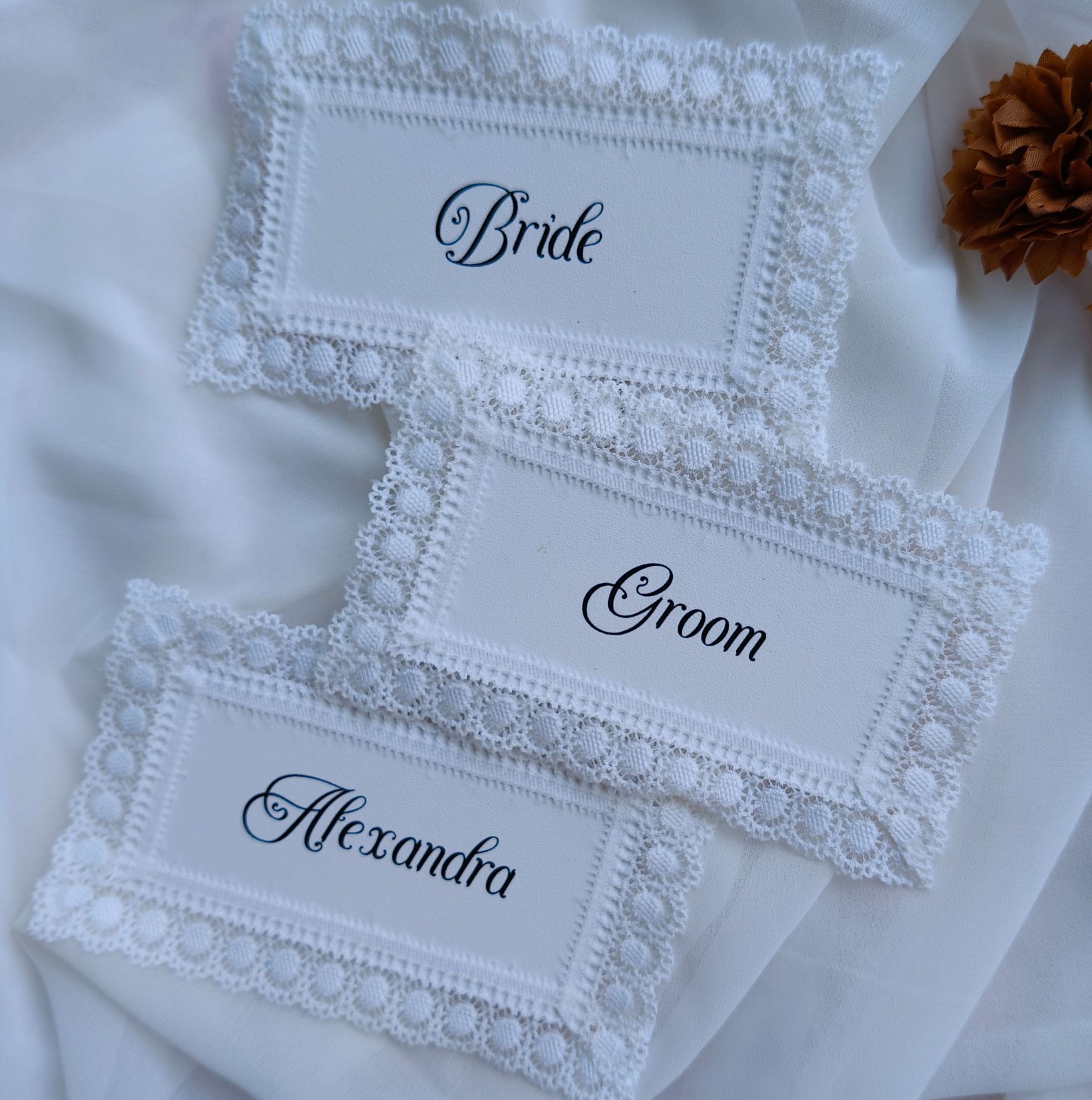 Lace Place Cards with Calligraphy Names | Elegant Wedding Bridal Table Decor