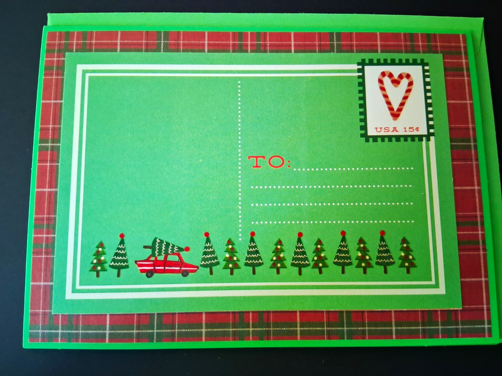 Christmas Greeting Card Green & Red Plaid Border w/ Trees, Car & Present A7 Size