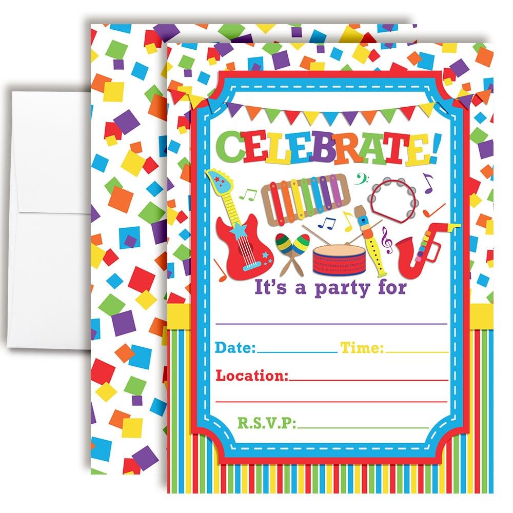 Celebrate with Musical Instruments Birthday Party Invitations, 20 5×7 Fill In…