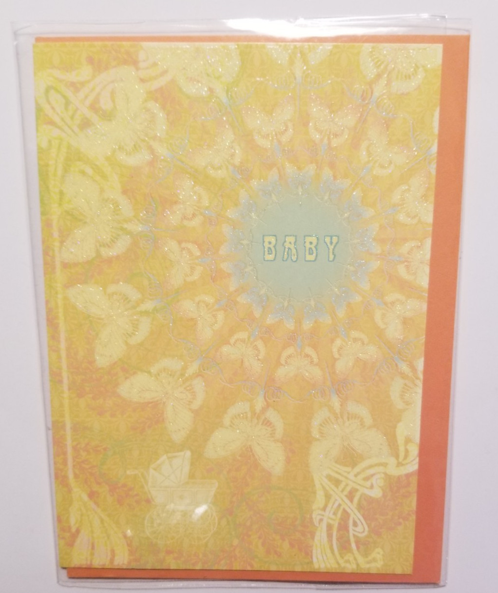 New Baby Greeting Card Unisex Sparkle Butterlies Carriage Designer