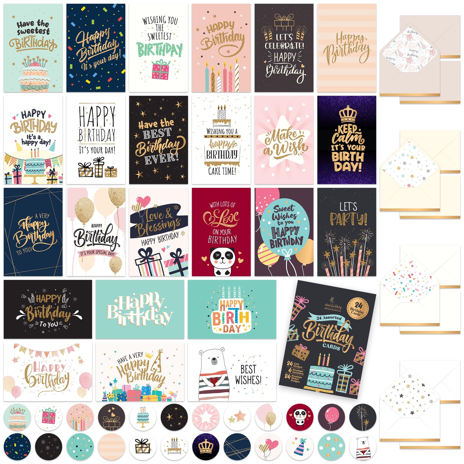 Decorably 24 Pack Foil and Glittery 6x4in Assorted 6×4 Inches, Birthday