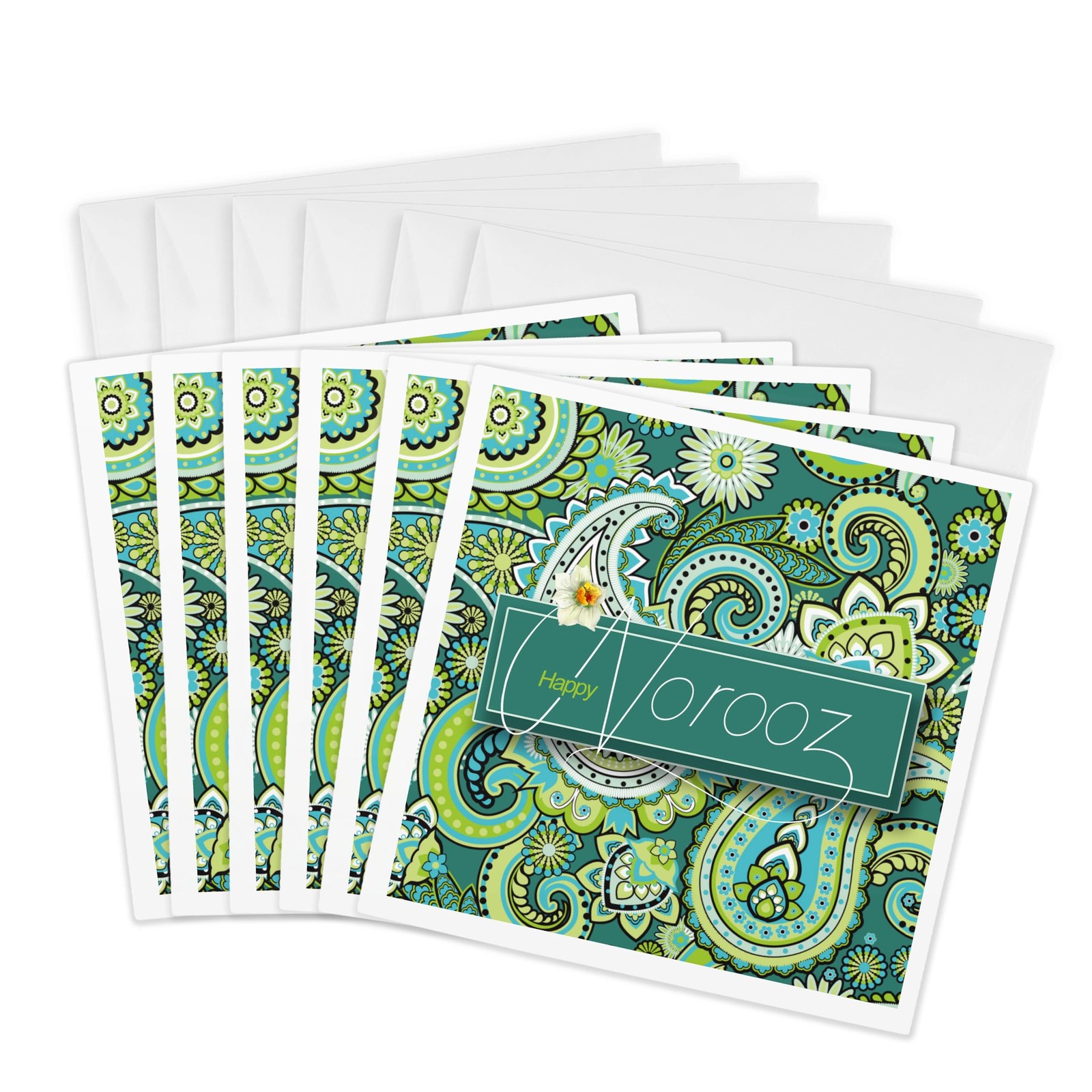 3dRose Persian New Year Norooz Daffodil Teal Paisley 6-Pack Greeting Cards