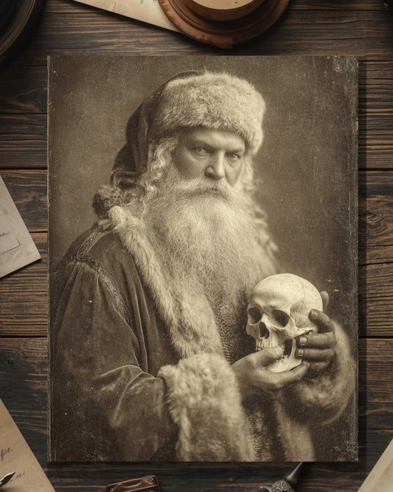 Vintage Victorian Santa Holding Skull Christmas Card Gothic Holiday Art Antique