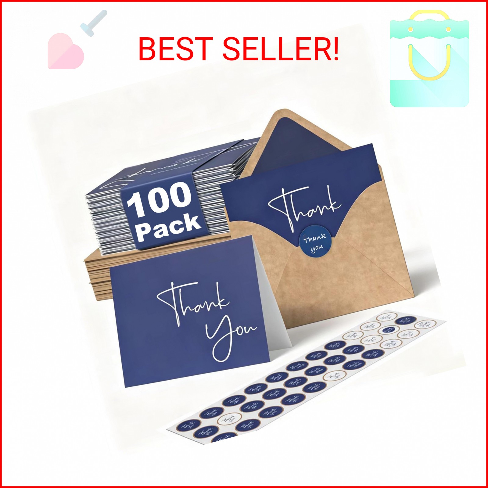 XXINMOH 100 Pack Thank You Cards With Envelopes Bulk Set & Stickers – 4×6 inch B