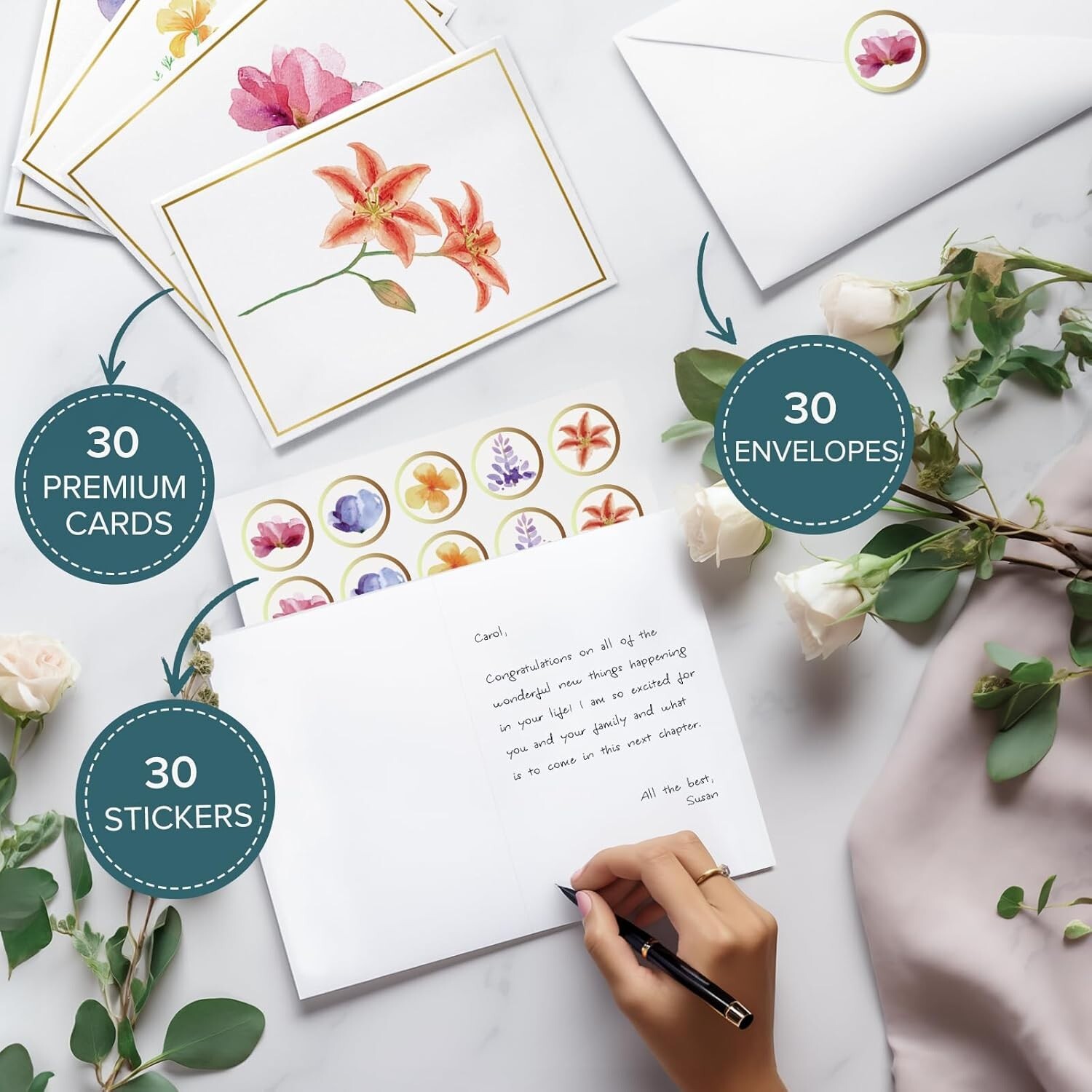 30 Pack Blank Greeting Cards with Envelopes 5 Assorted Floral Designs New