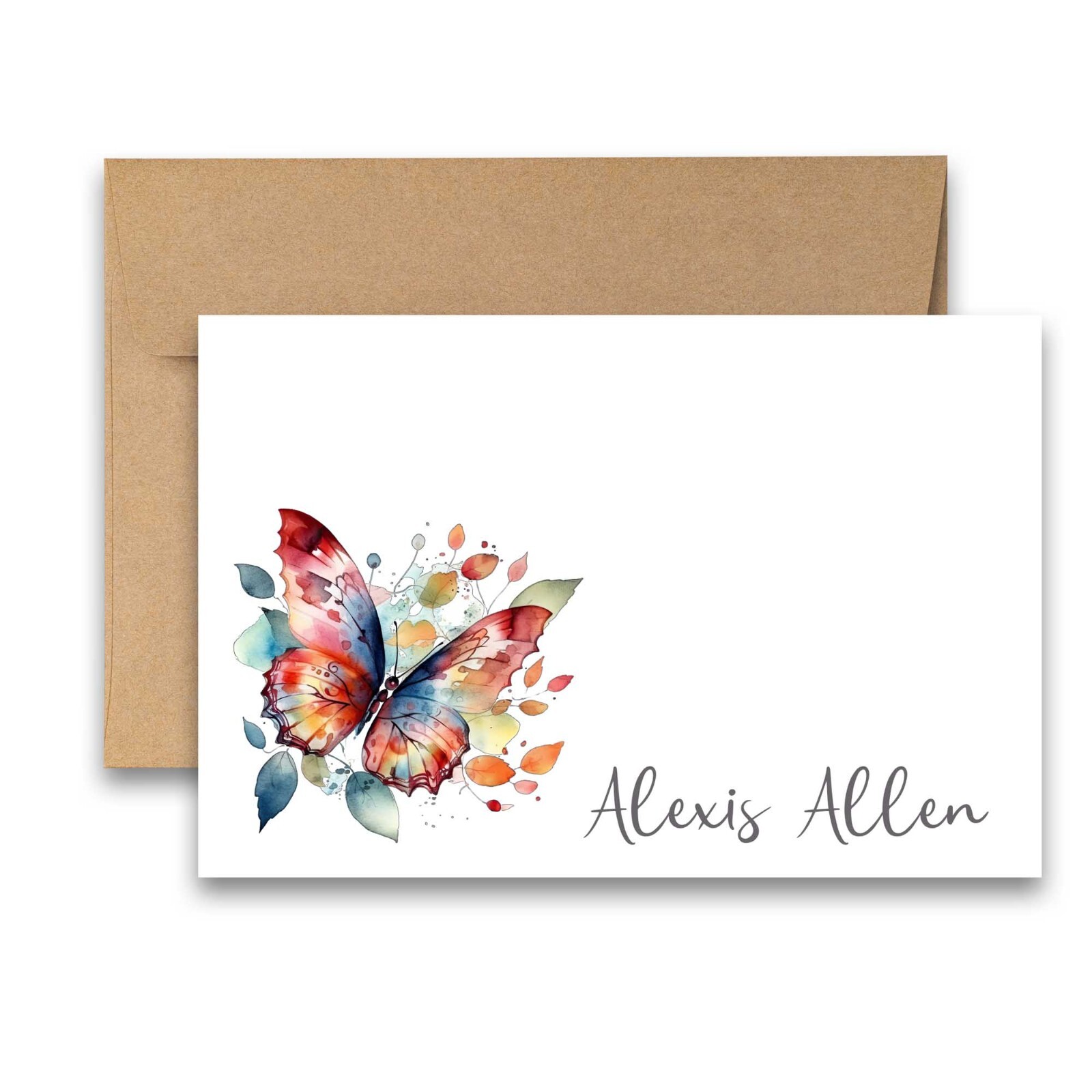 PERSONALIZED – 12 Flat Note card, Floral Stationery with Envelopes – Butterfly