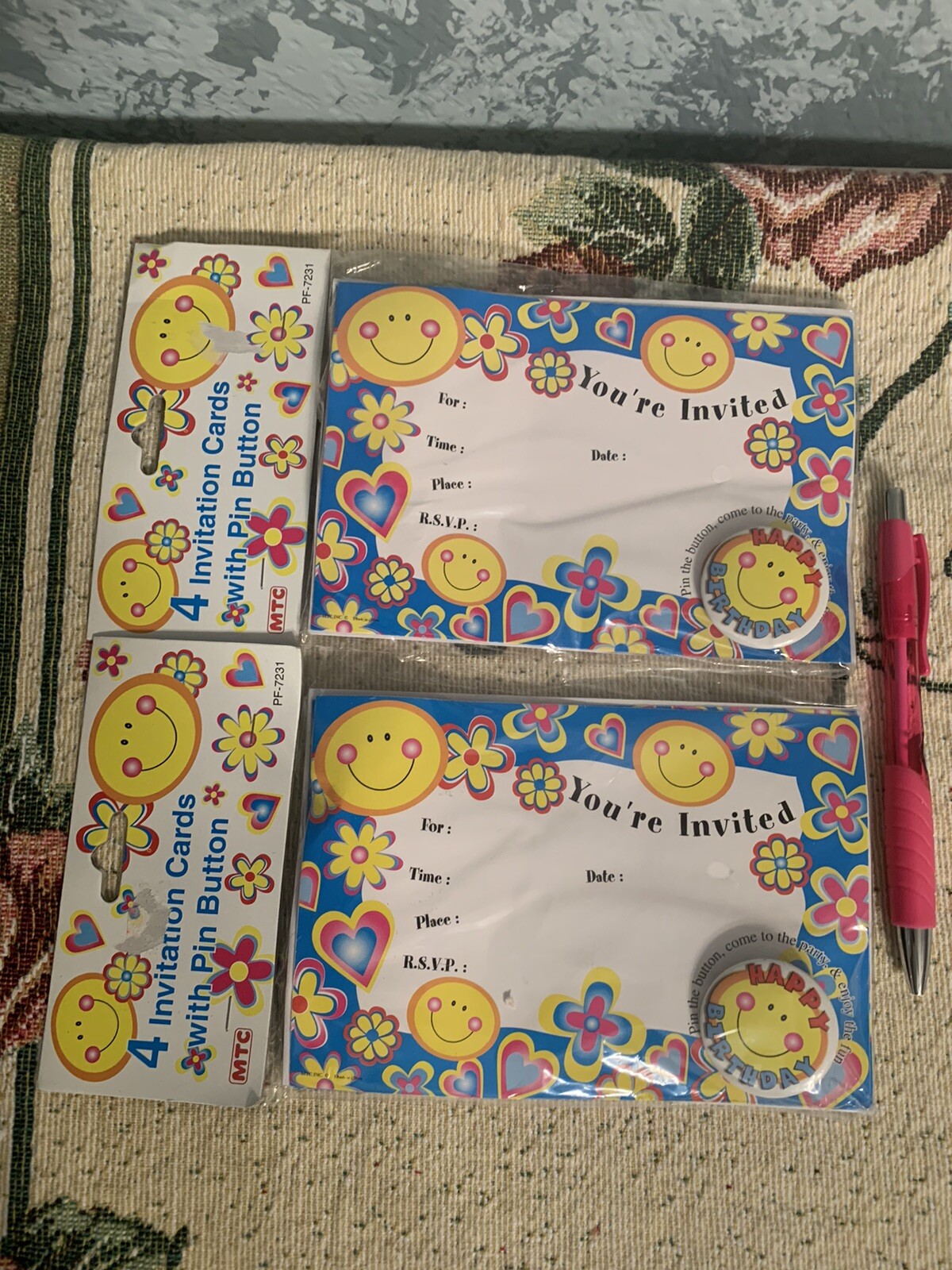 2 Sets Of 4 Multicolor party invitation Cards W/ Buttons. New. Total Of 8 Cards