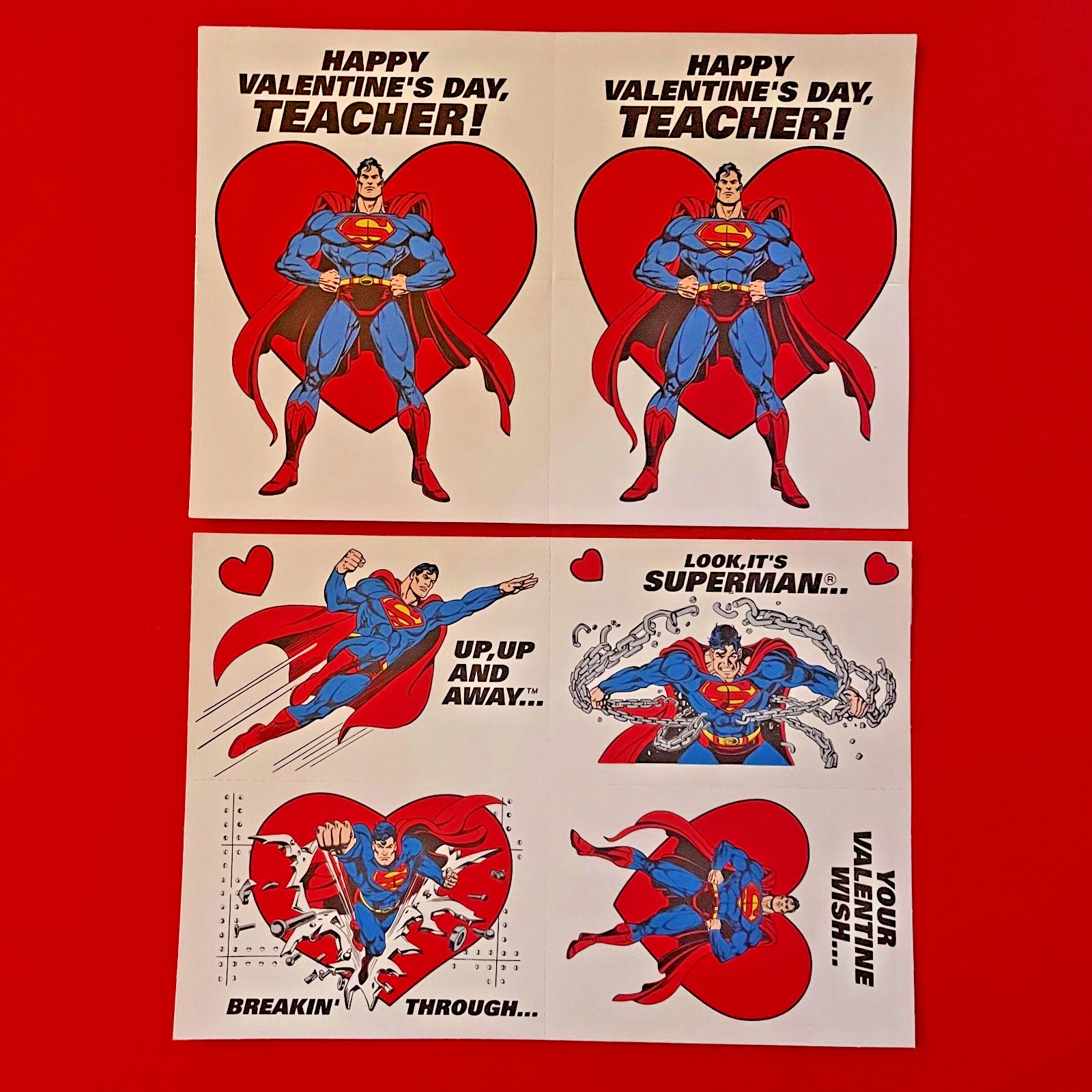(4) sheets SUPERMAN valentine greetings–VINTAGE 1992–made USA–DC comics–NEW