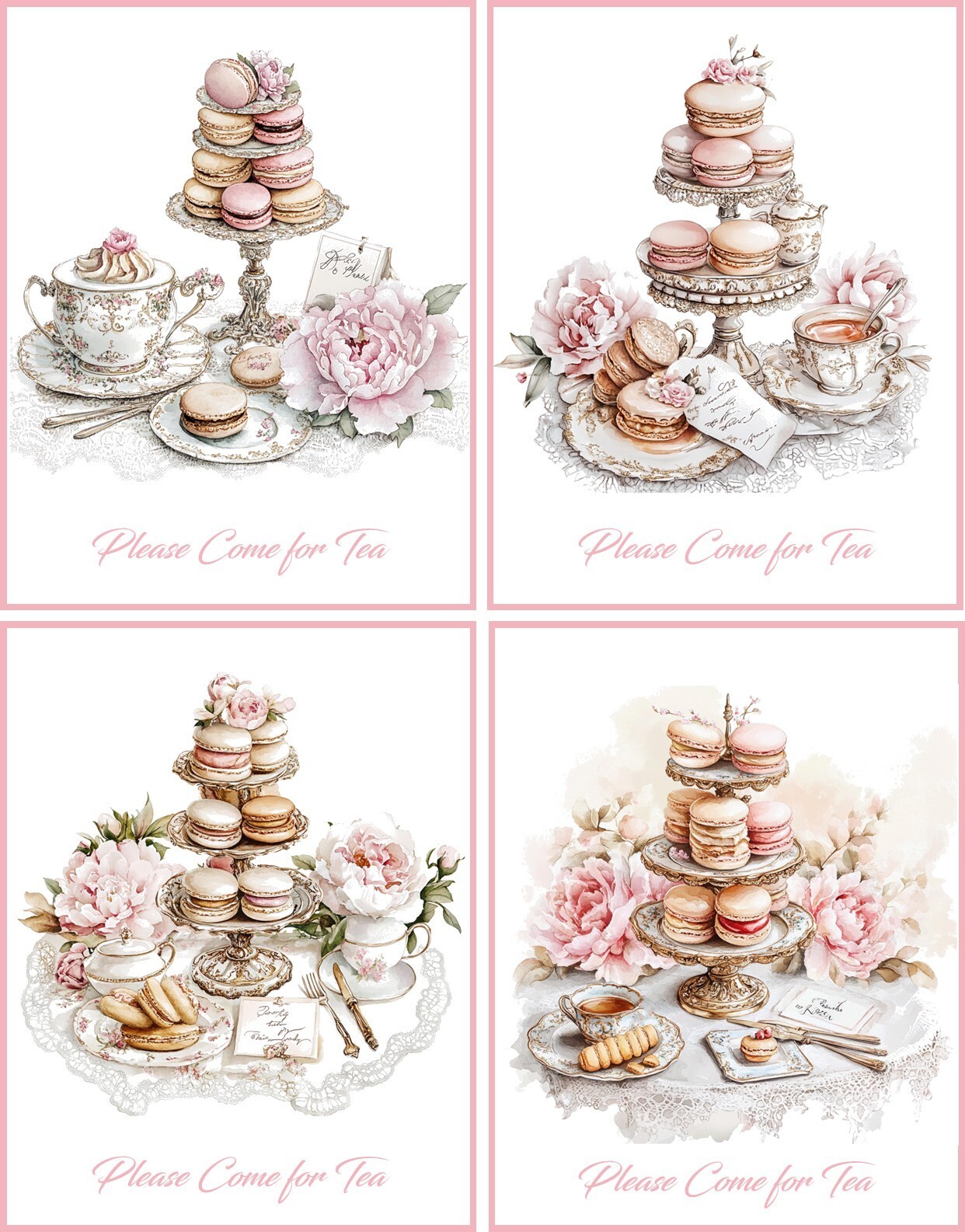 8 TEA PARY INVITATION VINTAGE TEA CUPS PINK FOLD OUT GLOSSY CARDS ENVELOPES