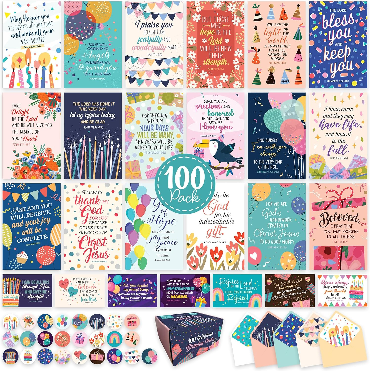 100 Pack 4x6in Box of Christian Birthday Cards Bulk with Envelopes and Sticker