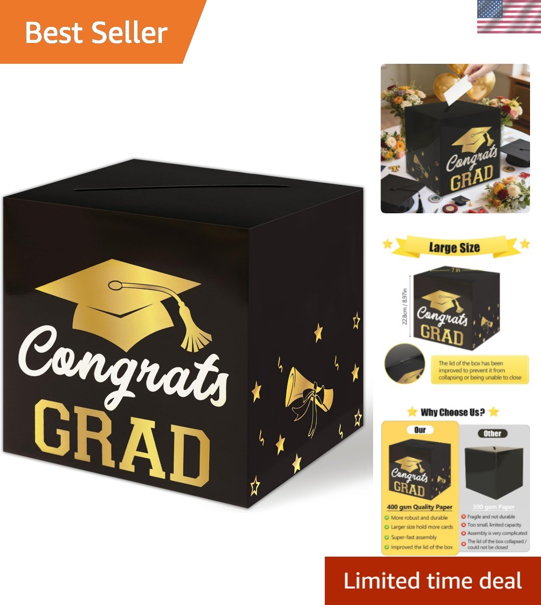 Black and Gold Graduation Decorations Card Box – 400 gsm Thicken Paper, Large…