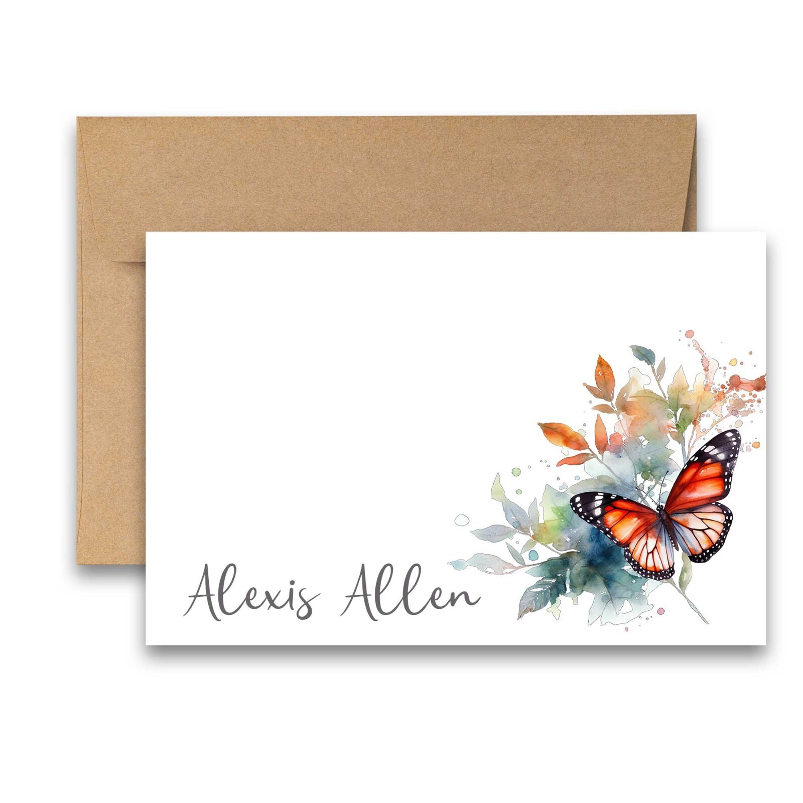 PERSONALIZED – 12 Flat Note card, Floral Stationery with Envelopes – Butterfly