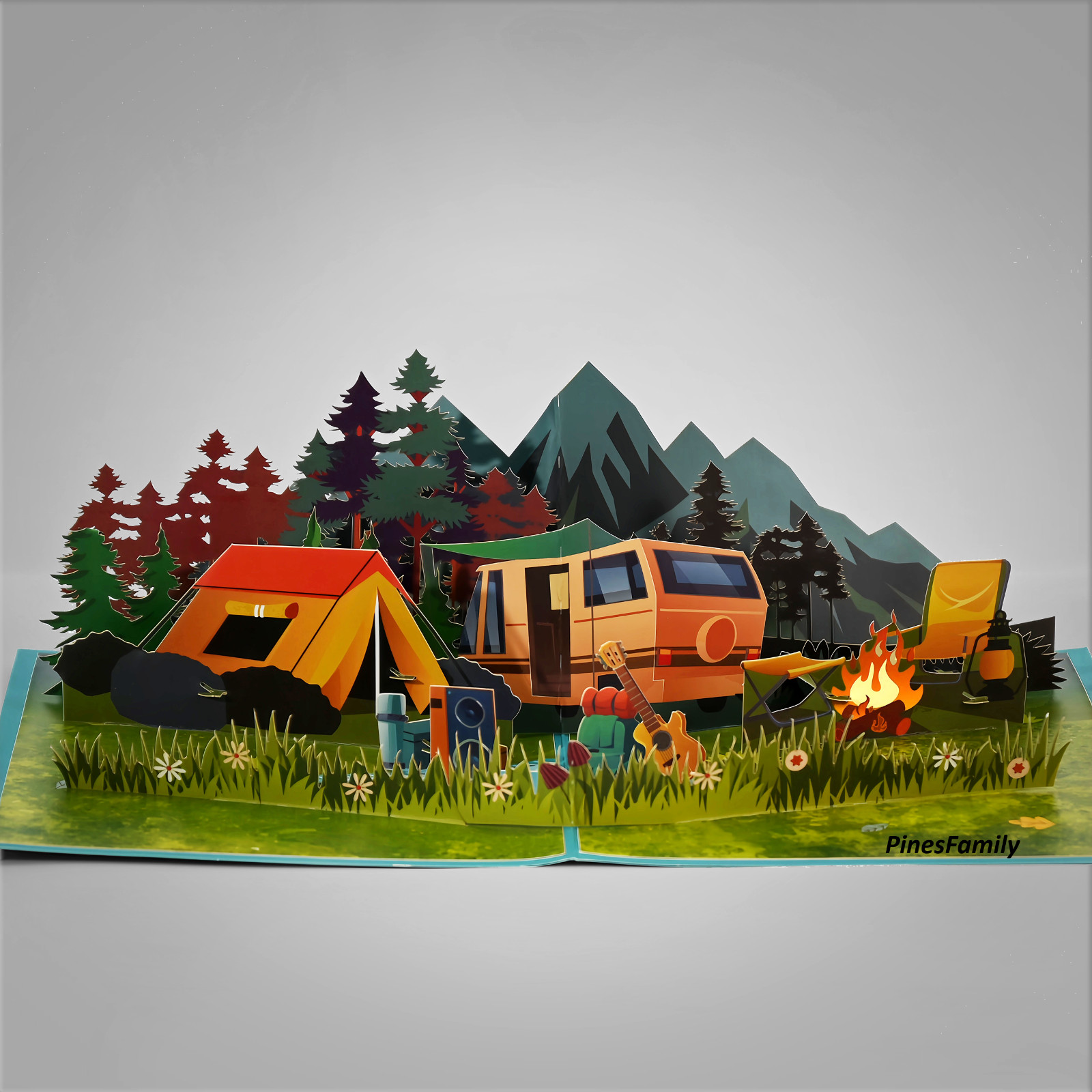 J13-3D Pop Up Camping Vacation in Valley 3D Card