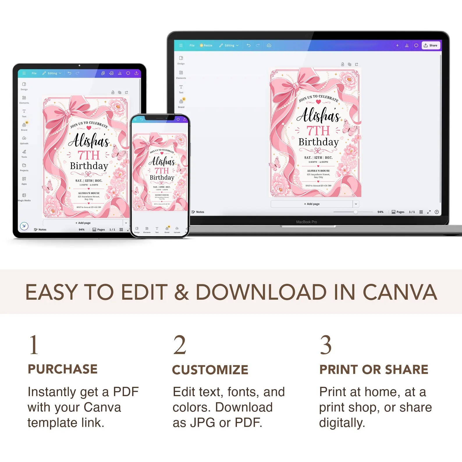 Pink Bow Birthday Invitation Editable Canva Template Butterfly Floral Invite