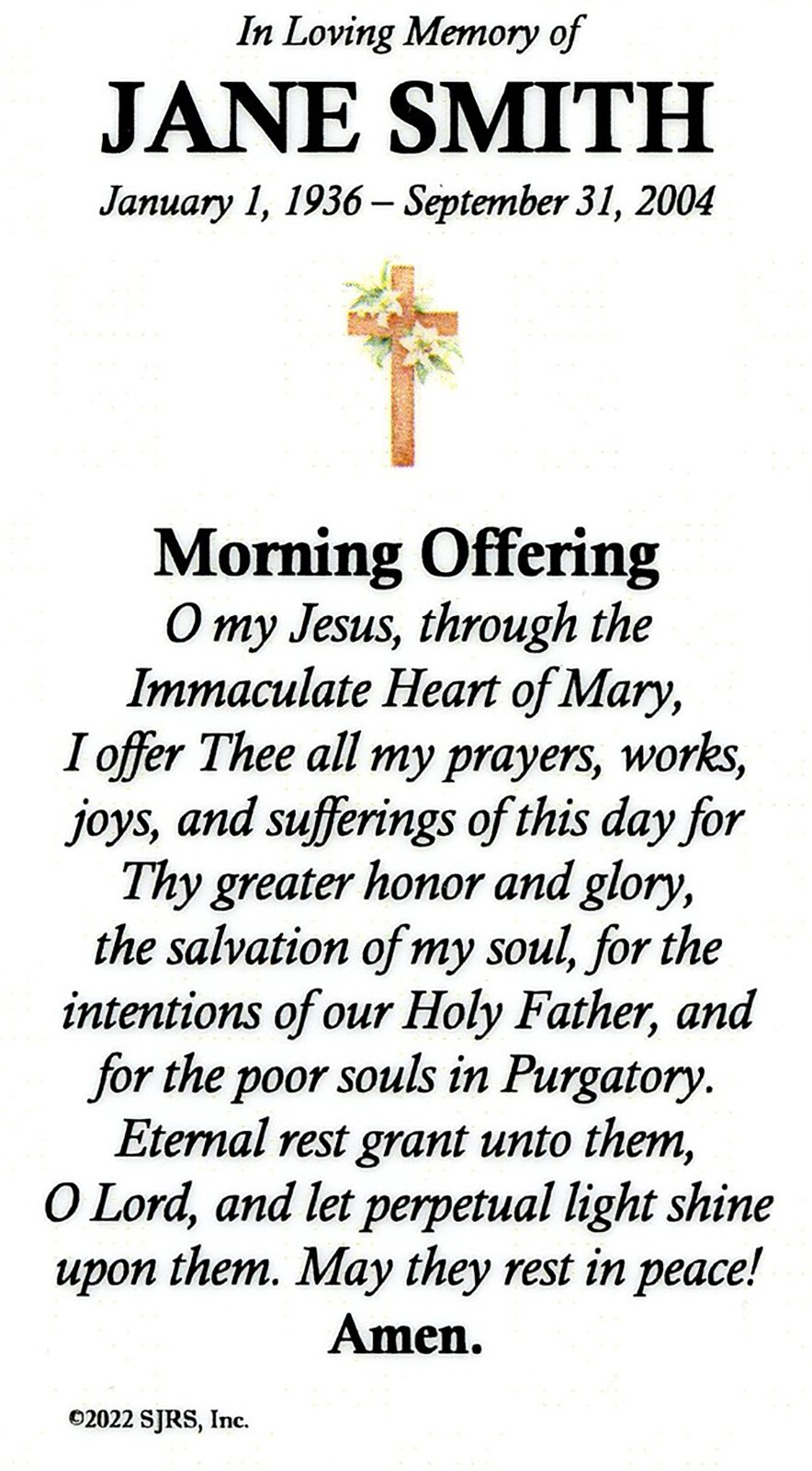 Morning Offering Funeral Memorial Laminated Prayer Cards – Pack of 60