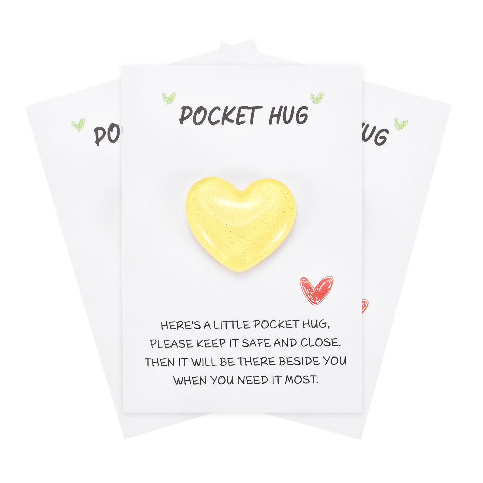 Pocket Hug Heart with Greeting Cards, 3 Pcs, (Yellow, 25mm)