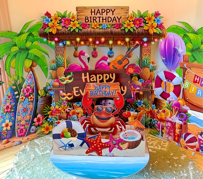 3D Pop-Up Birthday Greeting Card, Env. & Seal – Summer Beach Scene w Happy Crab