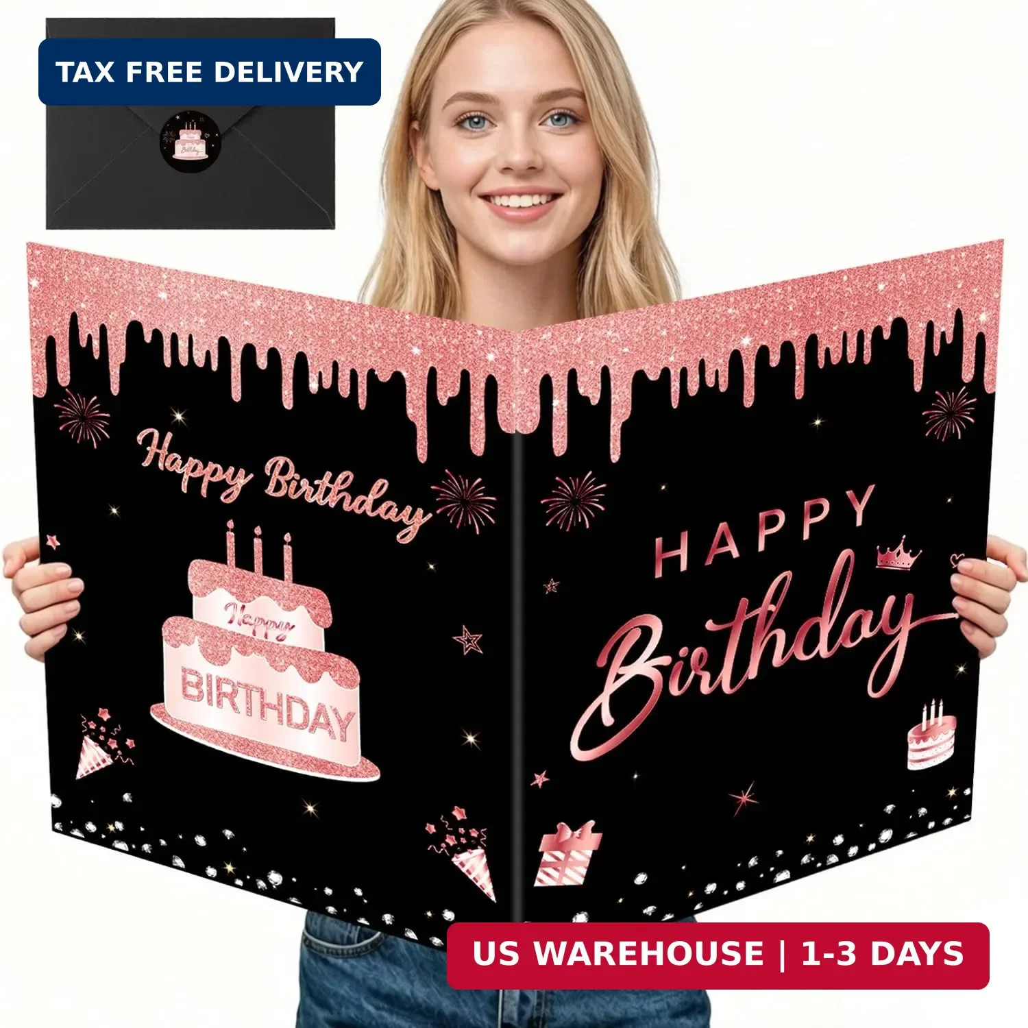 Black and Rose Gold Giant Birthday Card with Envelope, Large Happy Birthday Gues