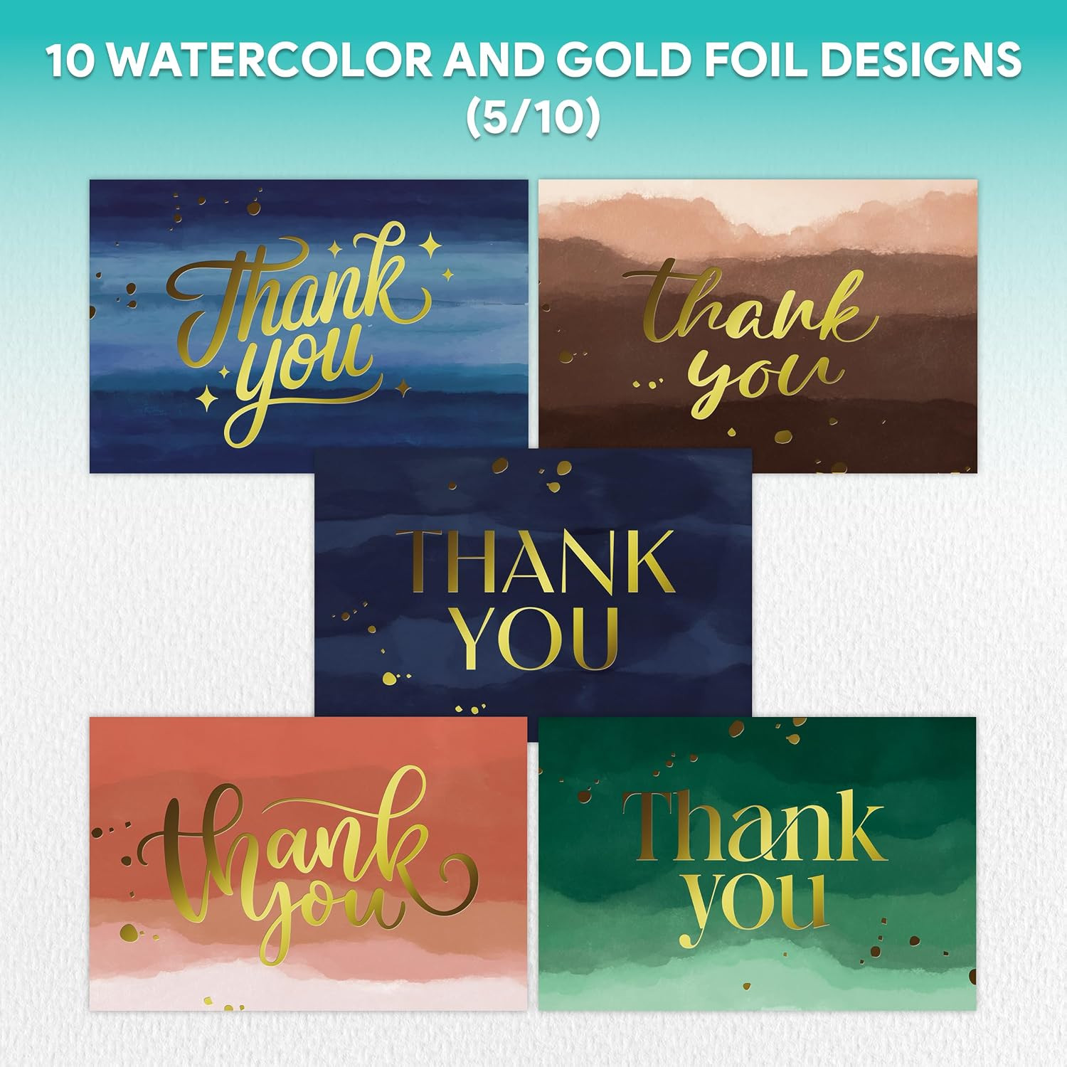 50 Pack Gold-Foiled 6x4in Watercolor Blank Thank You Cards with Envelopes Bulk a