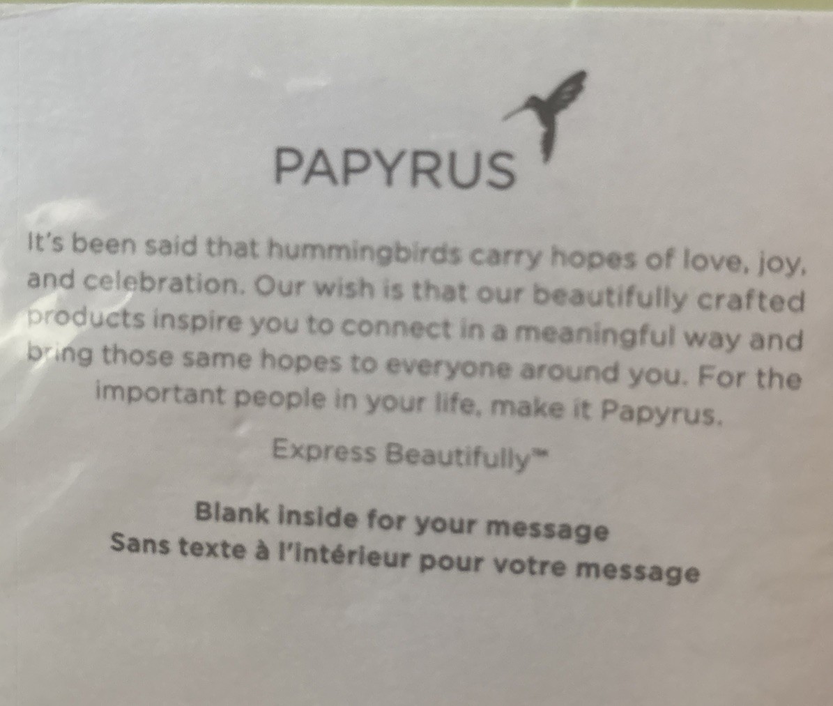 Papyrus~Blank Card~with Hummingbird And Flower~Multipurpose