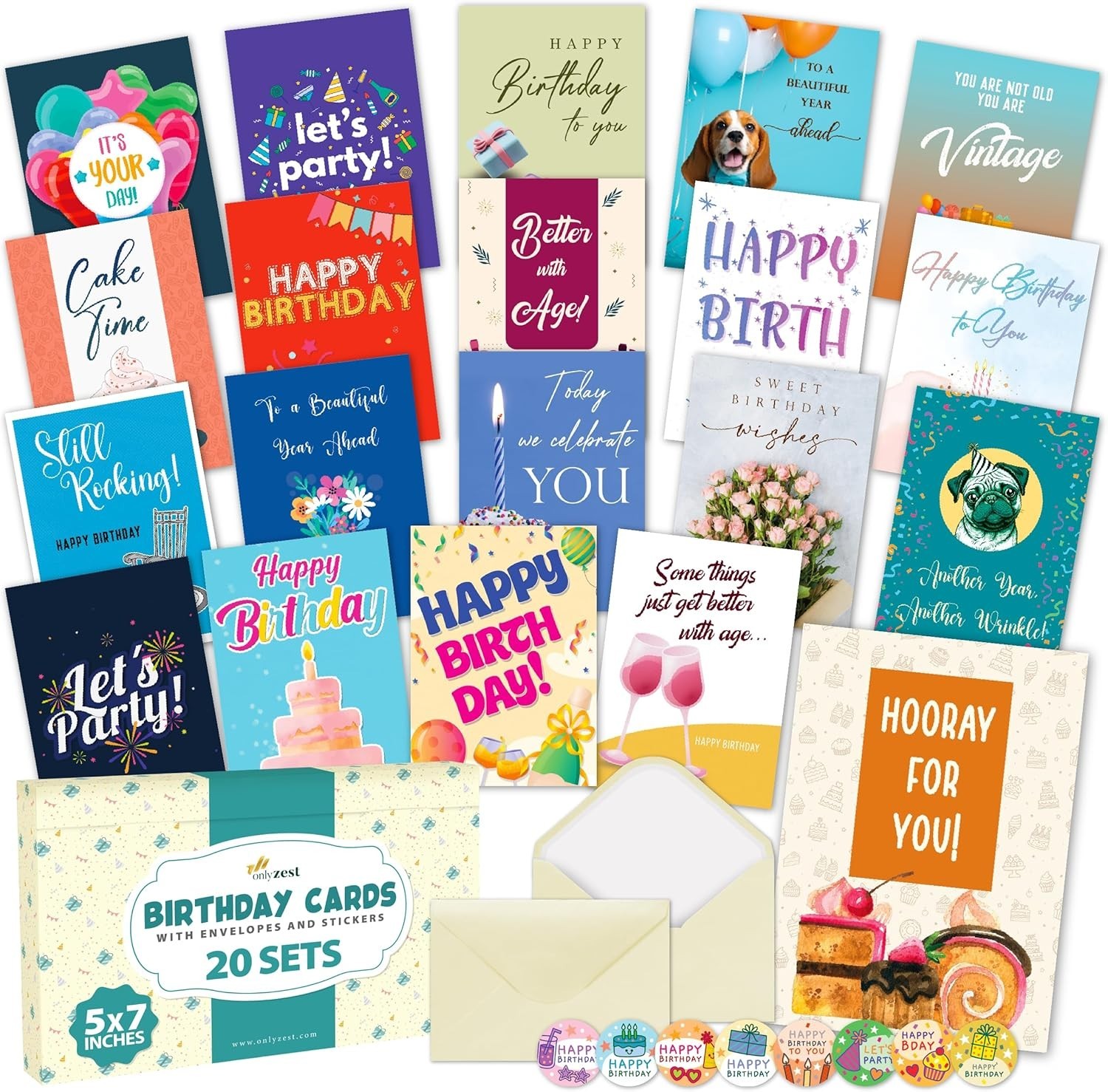 20 Pack Birthday Cards Bulk Boxed Assortment – 5 X 7 Inch Generic Card Set with