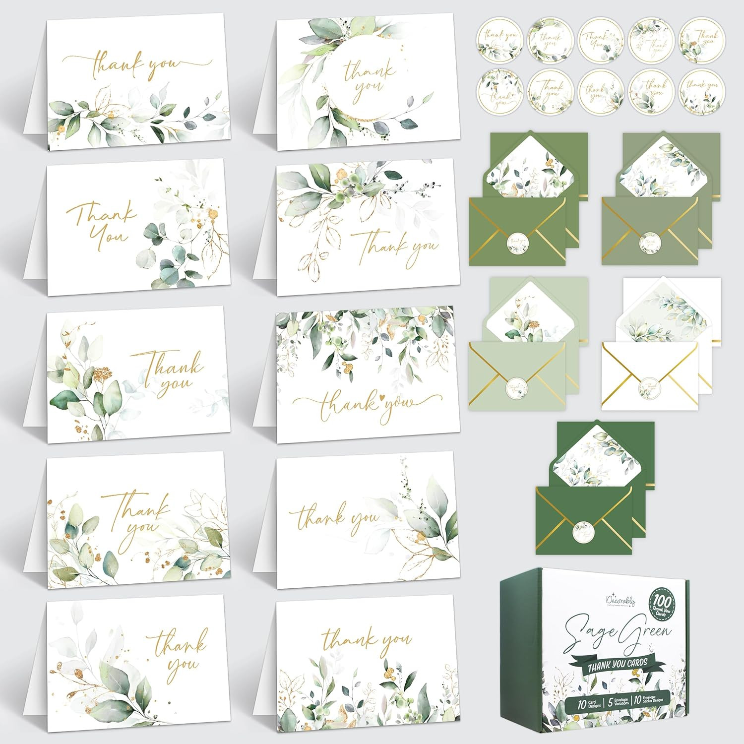 6X4In Sage Green Thank You Cards with Envelopes, 10 Elegant Designs for Parties